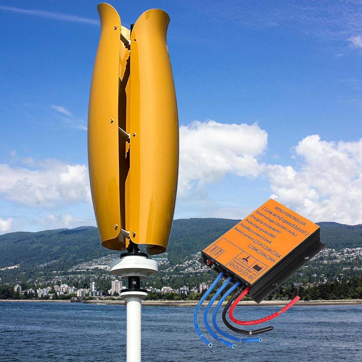 3000W Wind Power Turbine Generator Kit with MPPT Controller 12V / 24V / 48V Vertical Wind Maglev Generator, 1.2m/s Low Starting Wind Speed for Marine Highway Home Charging,Yellow,3000W24V