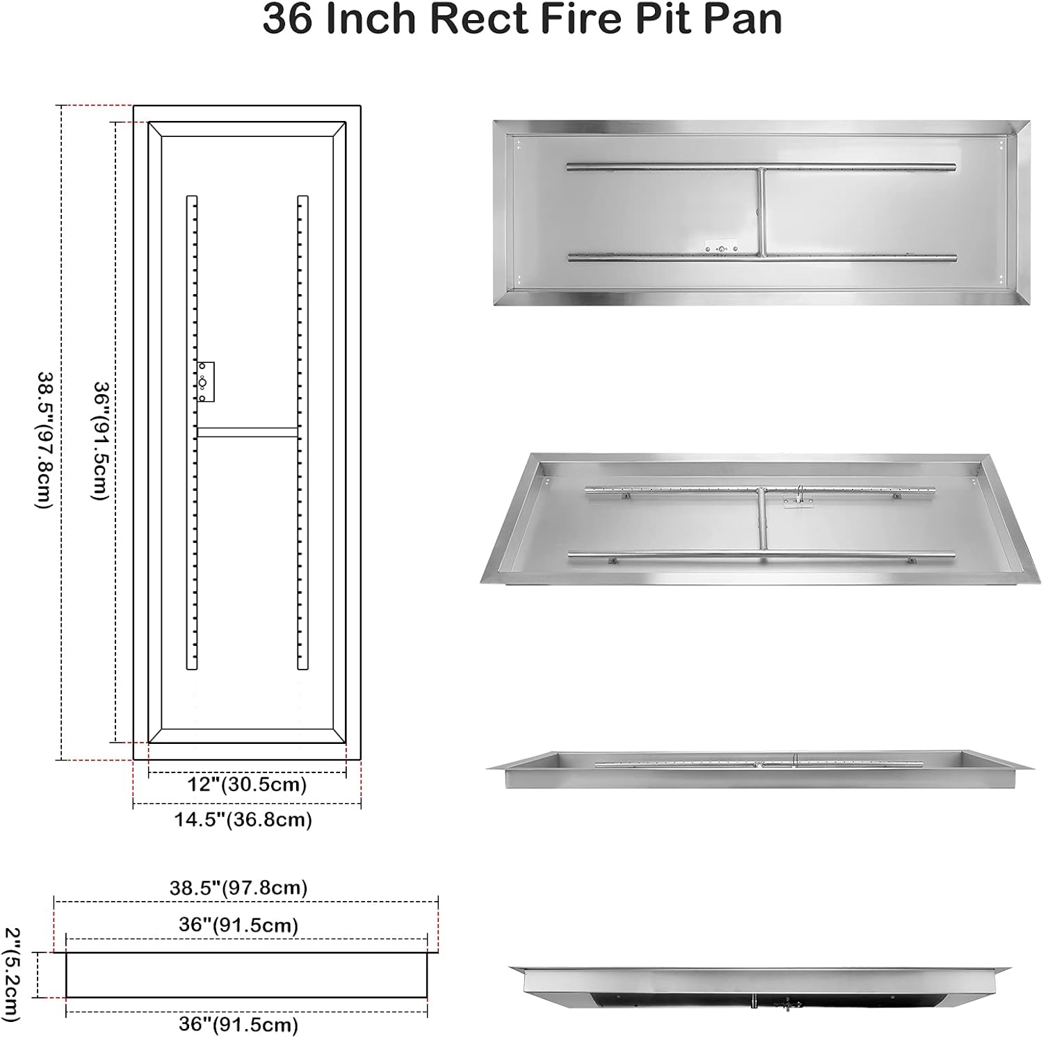 Stanbroil 36 x 12 Inch Rectangular Drop-in Gas Fire Pit Kits with All Accessories Required for DIY Fire Pit Project, Propane Gas Version, 150,000 BTU’s Max