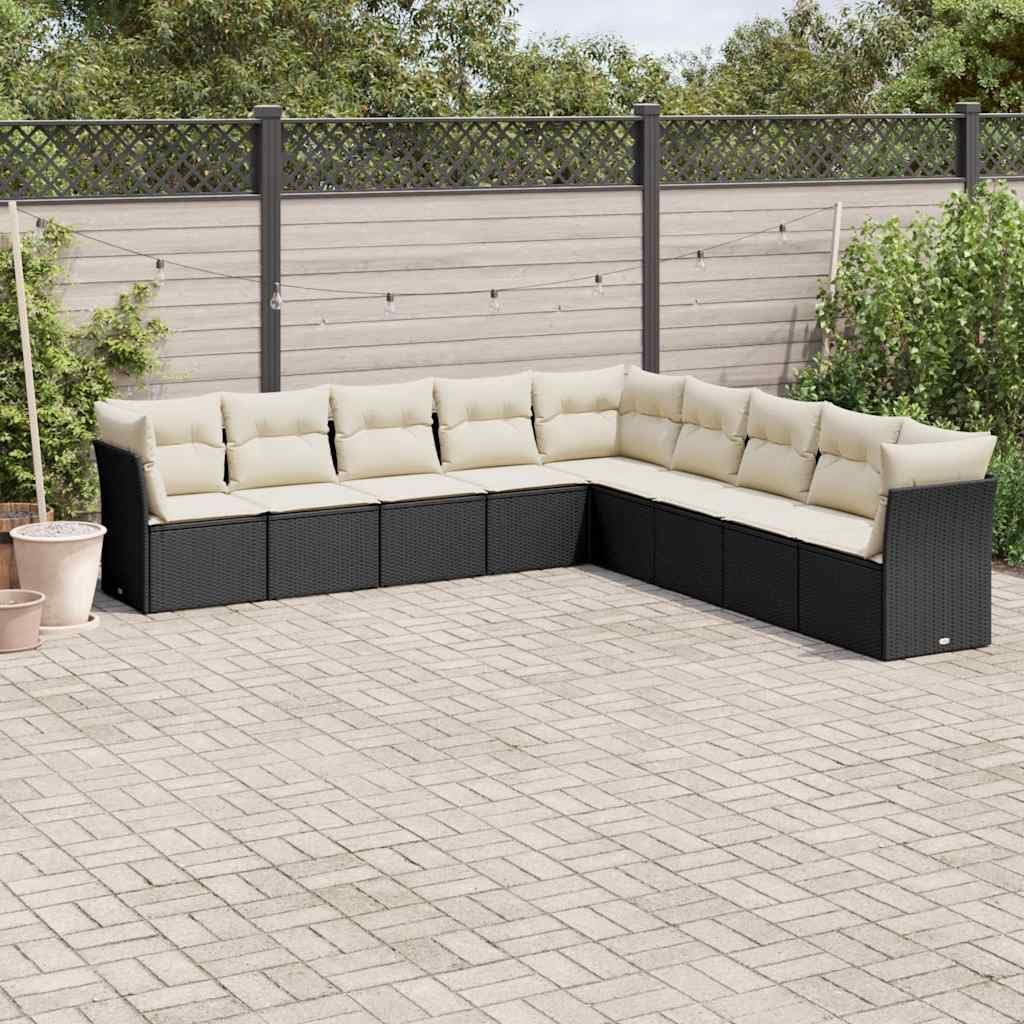 9-Piece Garden Sofa Set Black, Cream White Poly Rattan, Outdoor Patio Furniture with Cushions, Modular Design for Terrace, UV Resistant Steel Frame