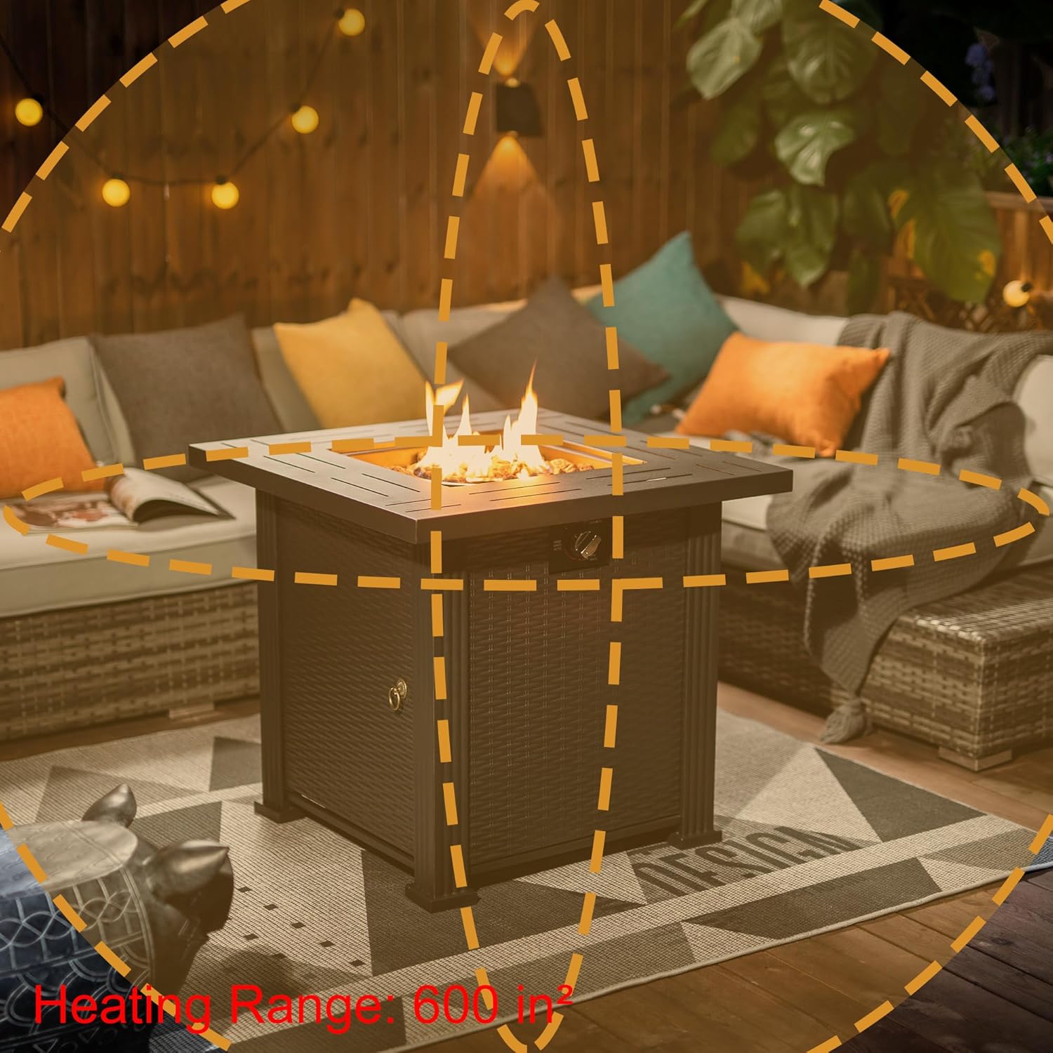 28-inch Square Propane Fire Pit Table, 50,000 BTU Outdoor Gas Fire Table with Metal Lid & Volcanic Rocks for Patio, Deck, Garden Backyard (Black)​