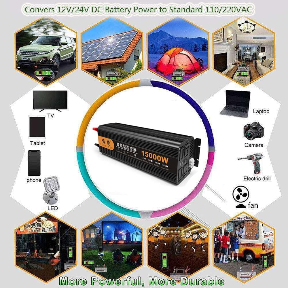 Power Inverter Pure Sine Wave-15000 Watt 12V 24V DC to 220V/230V AC Voltage Converter-2AC Outlets Car Inverter with One USB Port-Remote Control and Two Cooling Fans for RV Truck Car,24V
