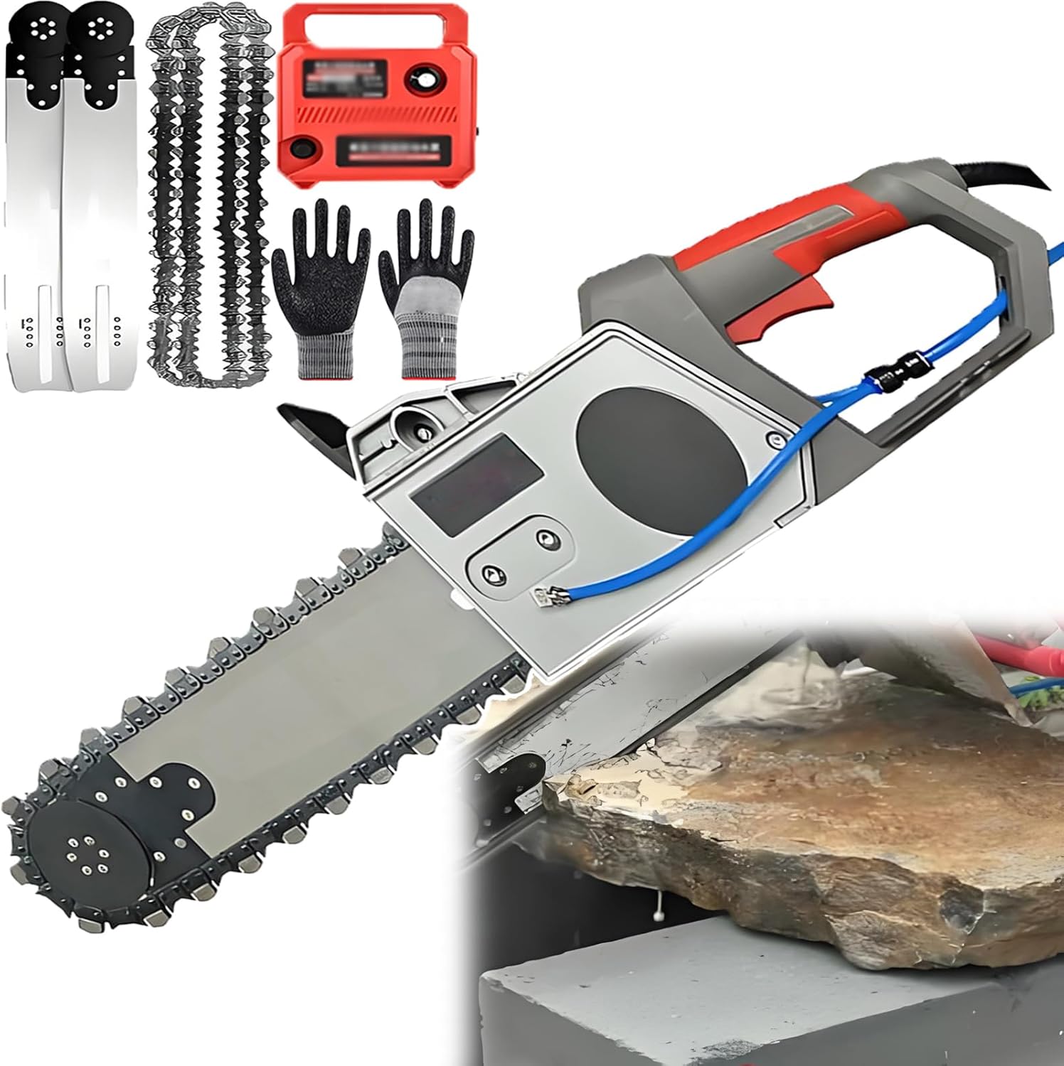 2025 New Diamond Concrete Chainsaw with 2* Chains & Guide Bars - Electric Wet Wall Groove Cutter,6000rpm Water Cooling Dust-Free Cutting for Indoor & Patio Renovation Power Tool,480