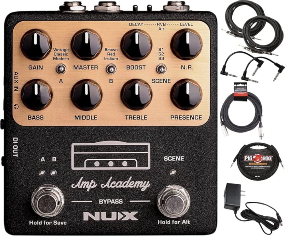 Briskdrop NUX NGS-6 Amp Academy Amp Modeler Guitar Pedal - Bundle with 2 Instrument, 2 Patch, 1/4'' TRS and XLR Cables, Brown,Red