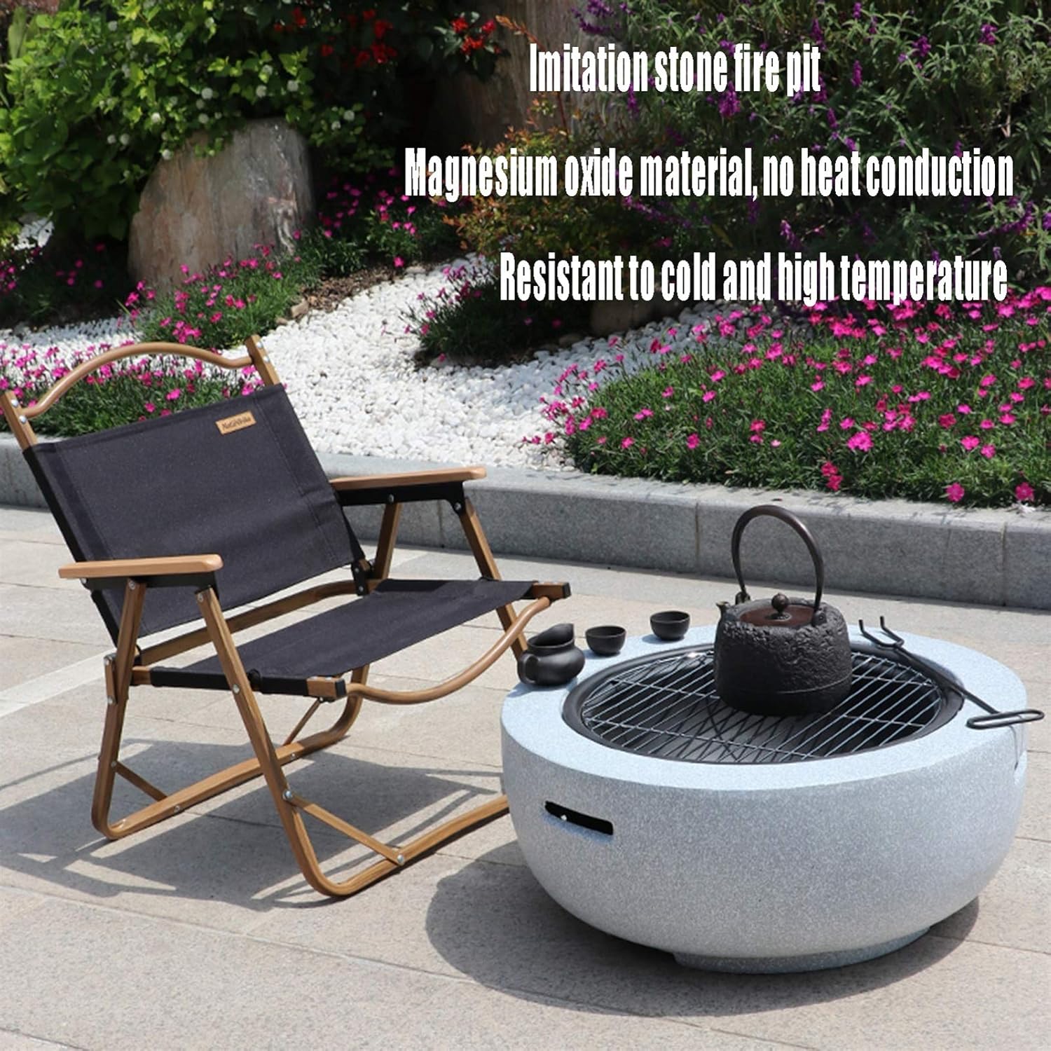 Fire Pits Outdoor Garden Terrace Round BBQ Table, Outdoor Wood Burning Fire Bowl with Spark Screen and Poker, Imitation Stone Leisure Table