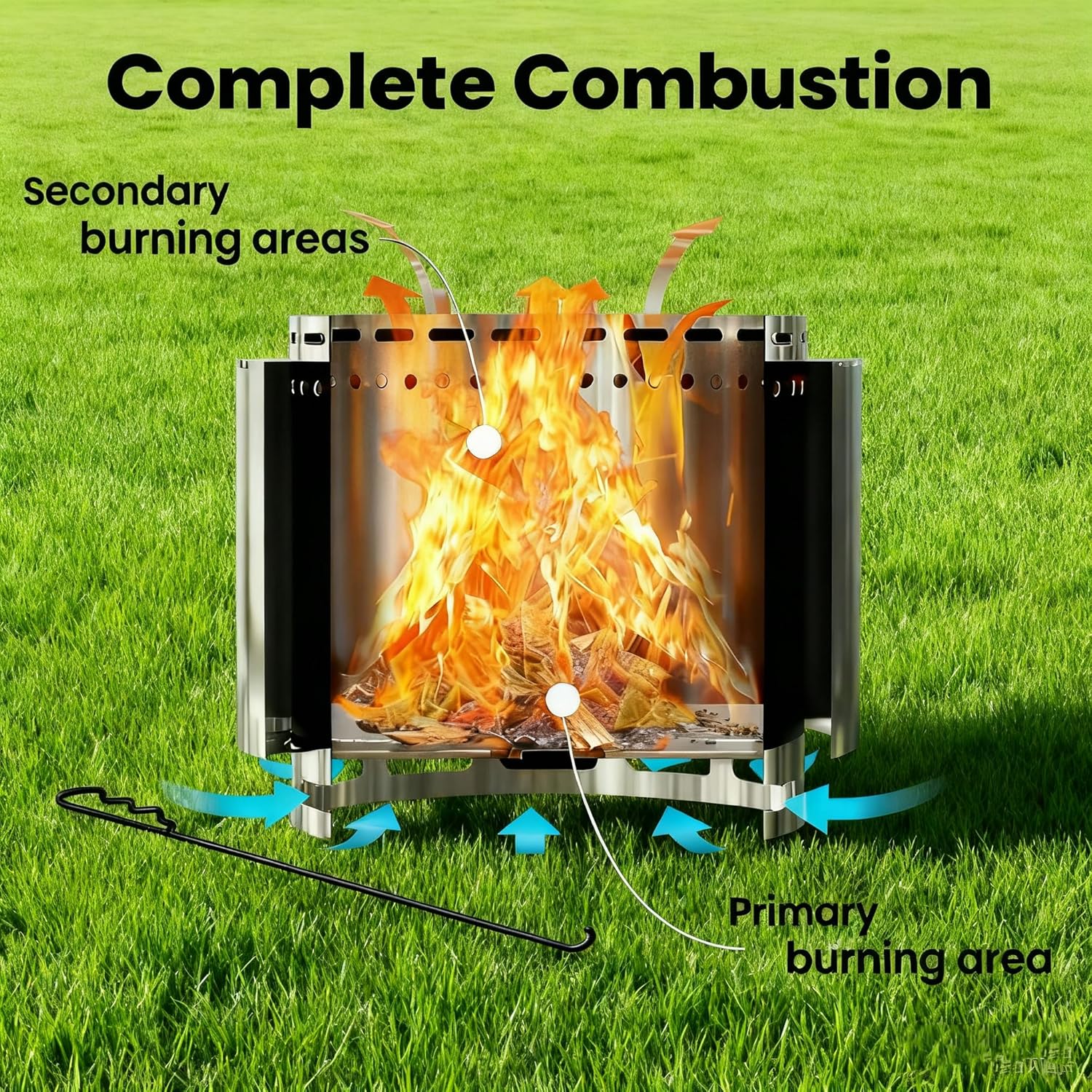 Gotland 19 inch Smokeless Fire Pit Stove with Ash Poker & Carry Bag, Outdoor Stainless Steel Portable Wood Burning Fireplace for Camping and Picnic - Silver