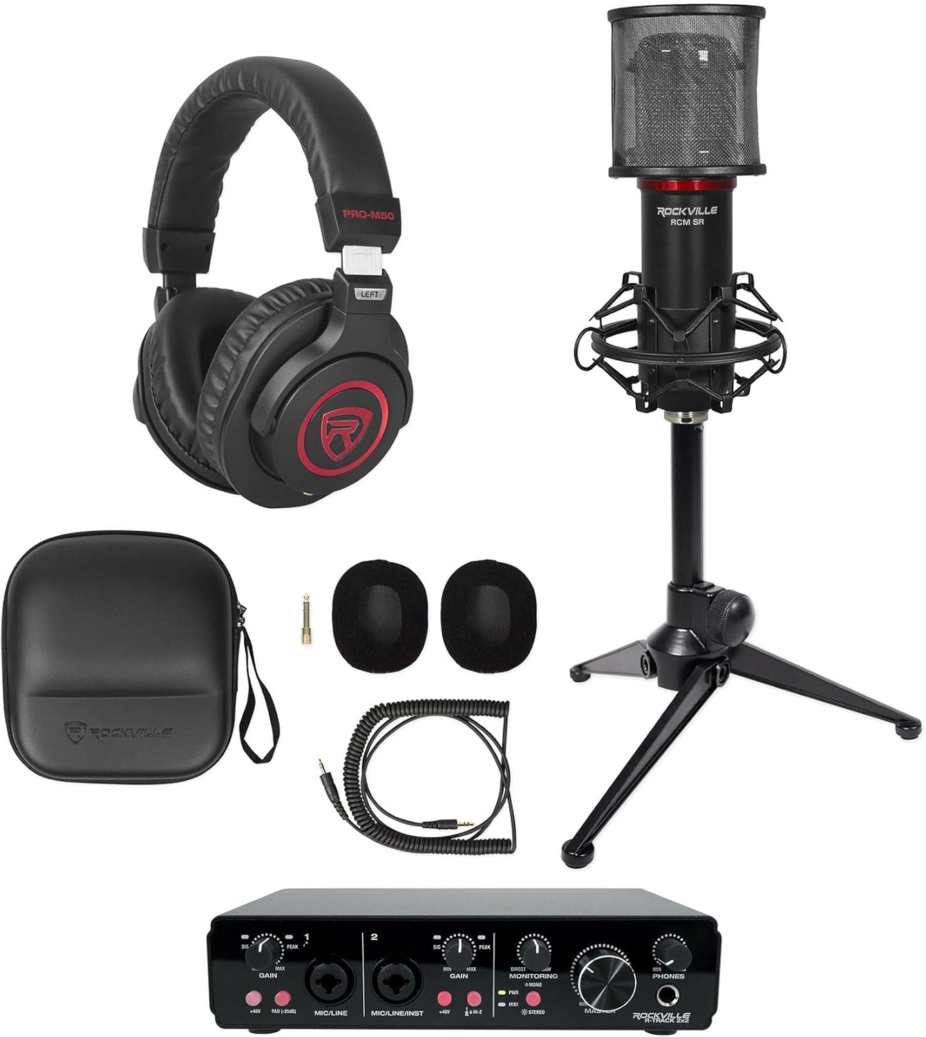 Rockville Bundle: R-TRACK 2x2 USB Computer Recording Interface Bundle with PRO-M50 SR Studio Headphones+RDTS Stand+RCM SR Studio/Recording Condenser Microphone Mic w/Samsung Capacitors (4 Items)