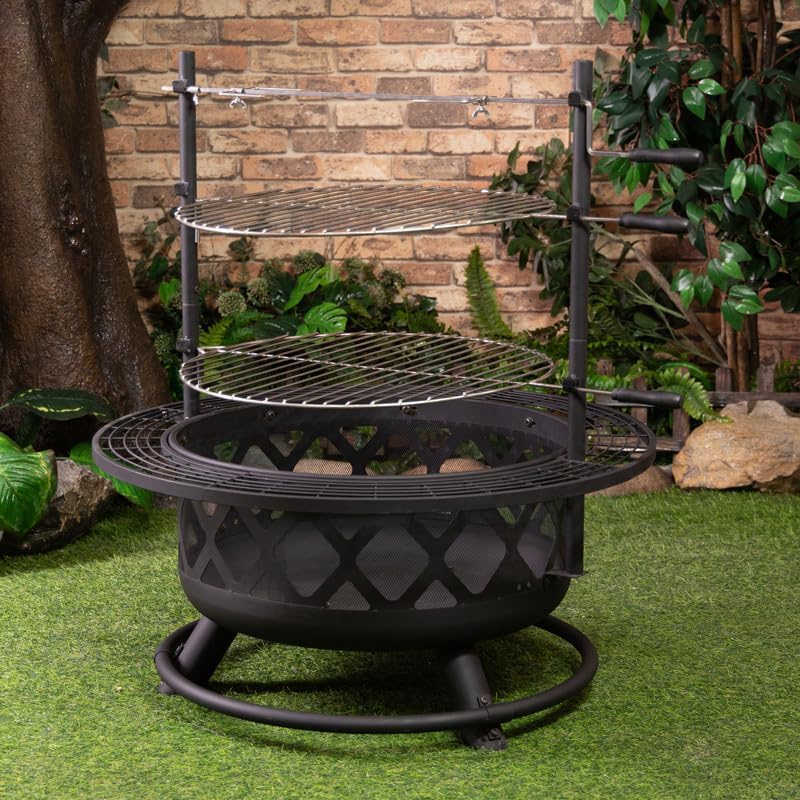 33 Inch Outdoor Fire Pit with Grill & Rotisserie Durable Steel Woodburning Firepits for Outside - Portable Fire Pit for Backyard Porch, Deck, Camping, BBQ