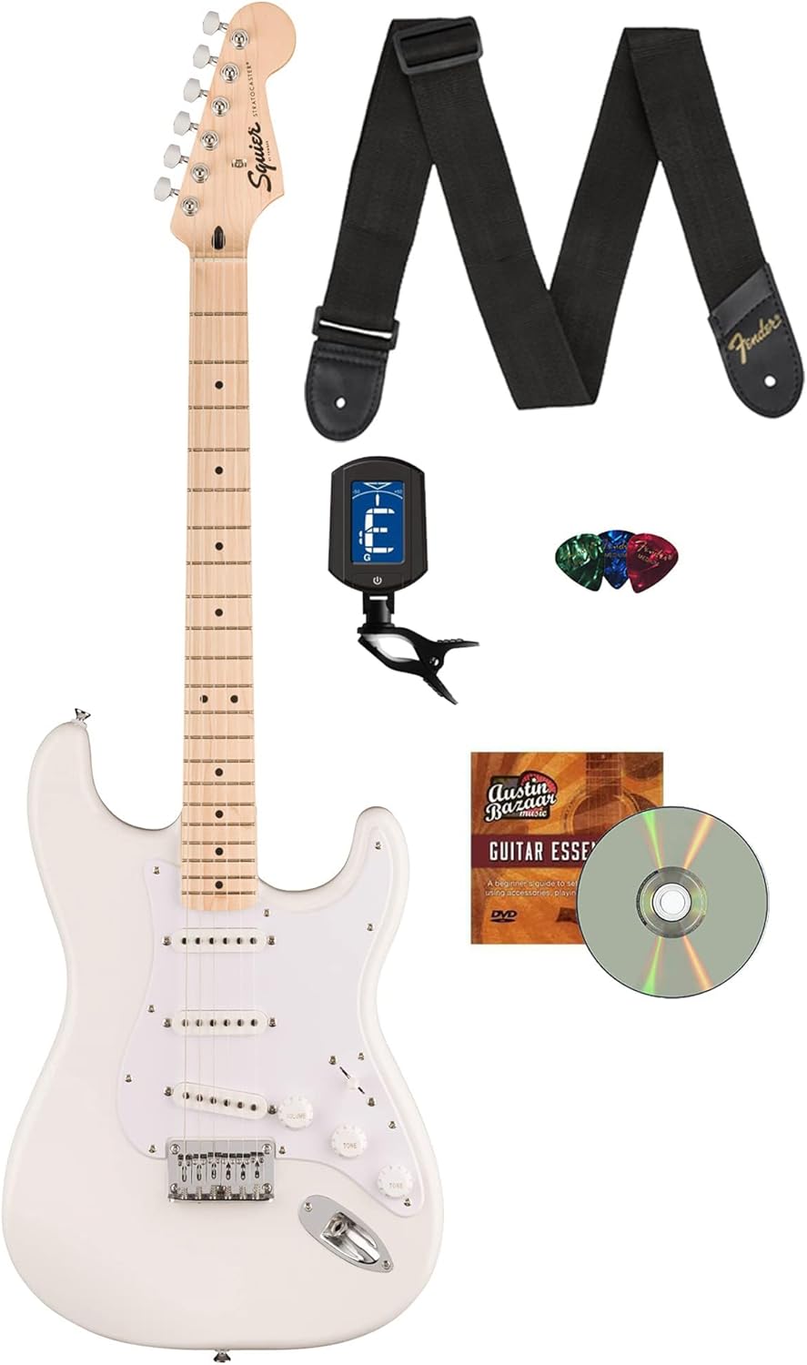 Fender Squier Sonic Stratocaster HT - Arctic White Bundle with Tuner, Strap, Picks, and Austin Bazaar Guitar DVD