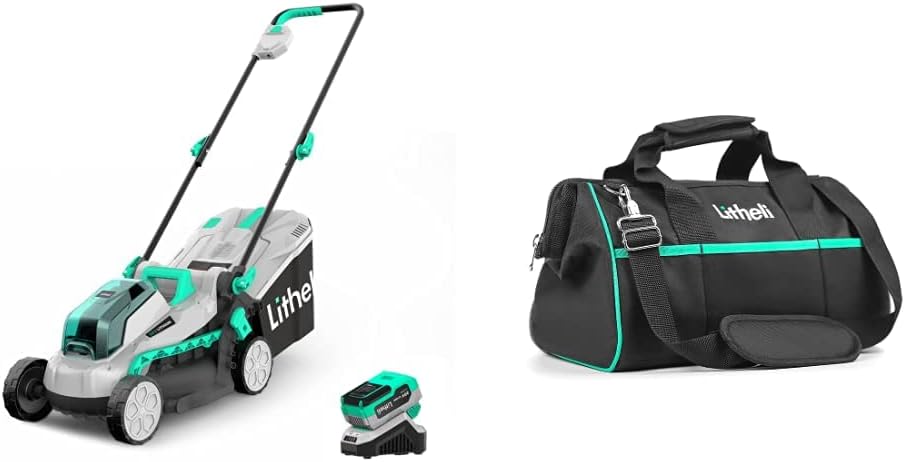 Litheli Cordless Lawn Mower 13 Inch, 5 Heights, 20V Electric Lawn Mowers & Tough Tool Bag 16-inch, Close Top, Wide Mouth, Ample Storage