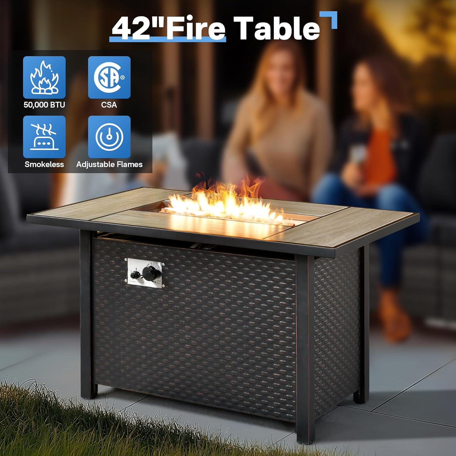 11 Pieces Patio Coversation Set with 42in Fire Pit Table, Outdoor Furniture Modular Couch with Swivel Rocking Chair, Rattan Wicker Sectional Sofa for Porch Balcony Backyard, Black