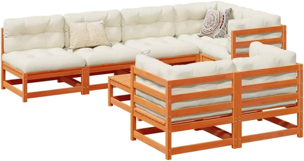 Wax Brown Solid Pine Wood Garden Sofa Set, Cream White Cushions, Outdoor Patio Furniture, Balcony Seating for 7 People