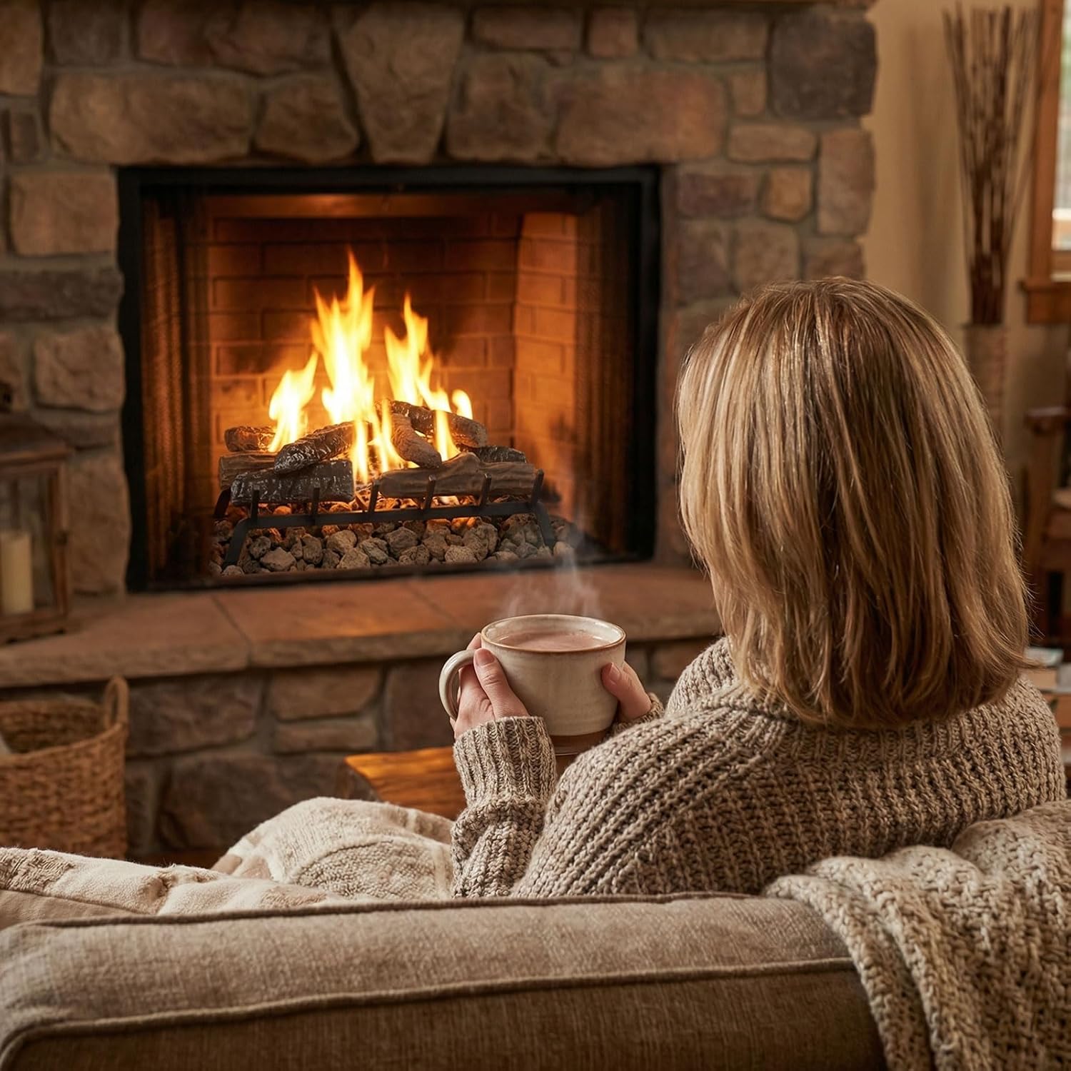 Sasylvia 12 Pcs Ceramic Logs Fireplaces Grate and 10 Lbs 0.8-1.6'' Lava Rocks for All Types of Gas Inserts, Ventless, Gel, Propane, Ethanol, Indoor or Outdoor Fireplaces Fire Pits Decorative