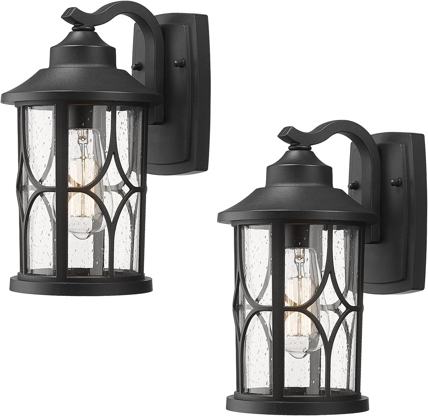 zeyu 2 Pack Outdoor Wall Lights, Exterior Light Fixture for Front Porch House, Die-Cast Aluminum with Seeded Glass, Black Finish, ZX48B-2PK BK