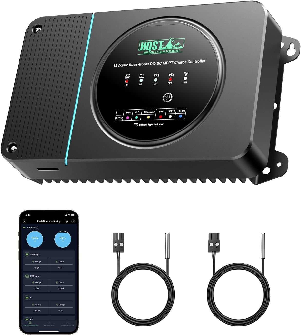 HQST 12V/24V 30A DC to DC Charger, Buck Boost Battery Charger, MPPT Solar Charge Controller, Dual Input Charger, with Smart Bluetooth APP Control, for LiFePO4, Sealed, AGM, Gel, Flooded Batteries