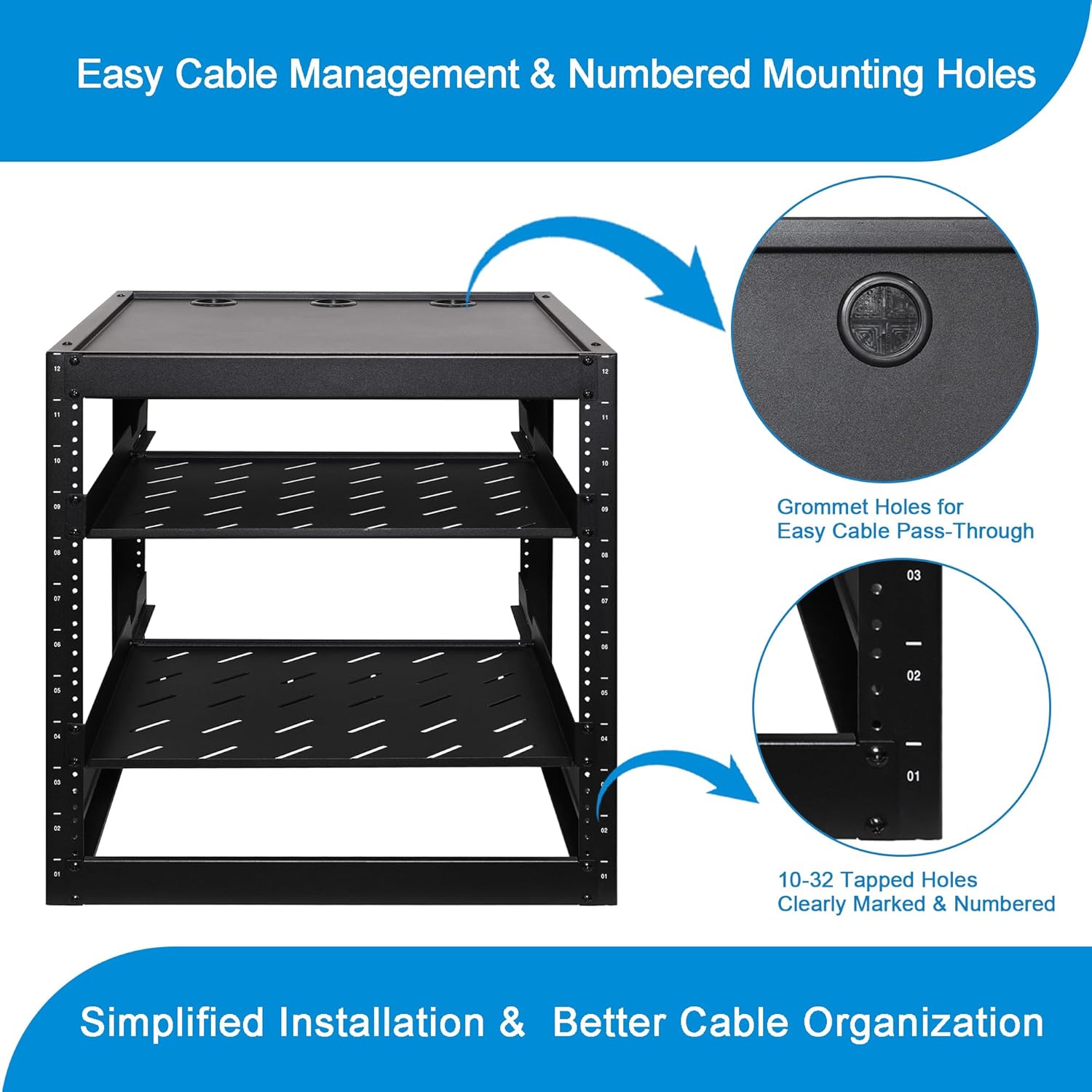 RackPath 12U Open Frame Network Rack with 2X 14in Vented 1U Shelves Rear Support, Wall Mount/Floor Standing Network Cabinet, Heavy Duty 150 lbs Capacity for IT & AV Gear, Audio and Video Device
