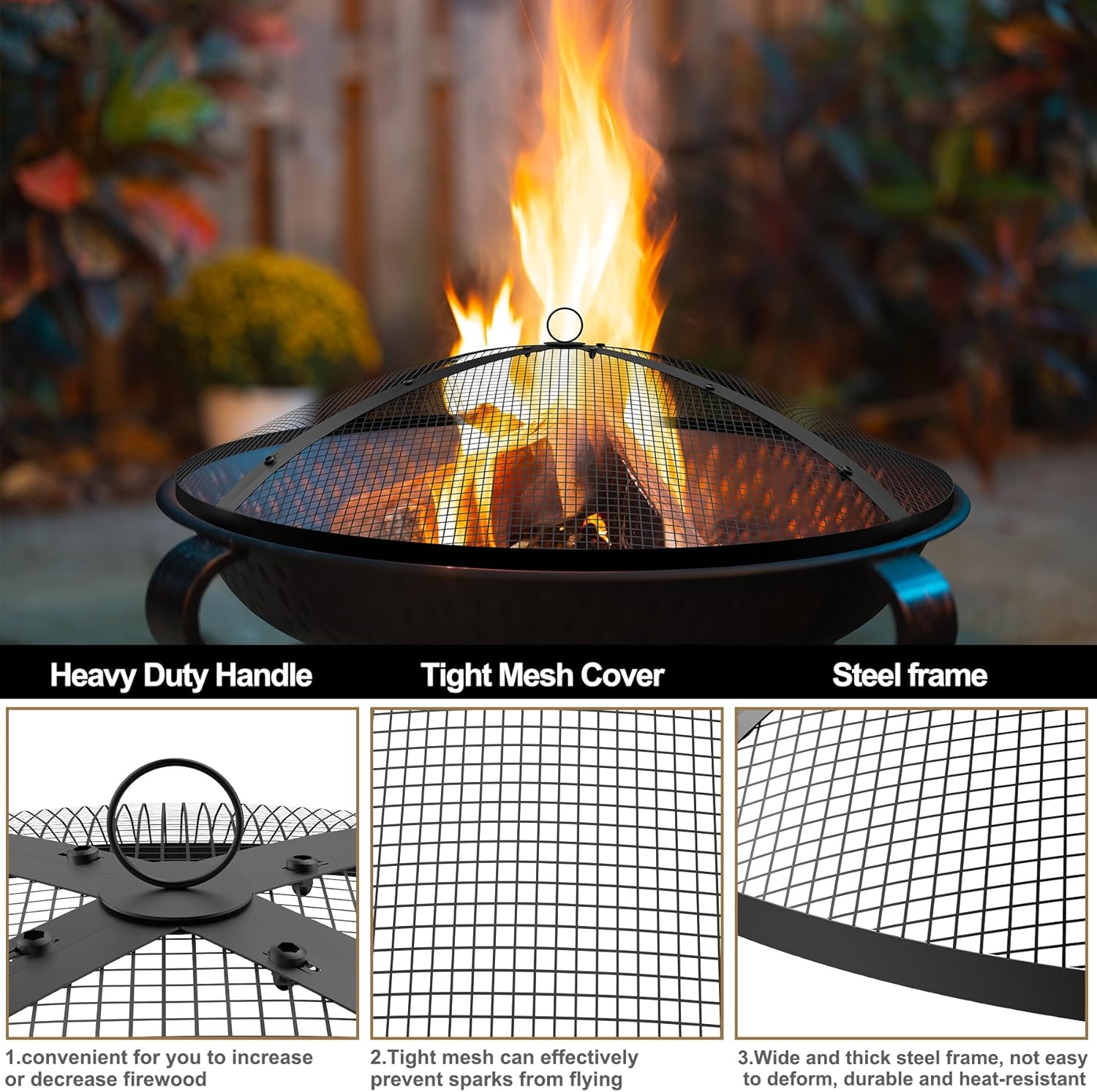 Fire Pit Spark Screen,36inch Heavy Duty Foldable Fire Pit Cover,Outdoor Round Fire Pit Mesh Screen with Top Lid, Handle&Poker, for Outdoor,Backyard,Patio,RV Camping,Beach