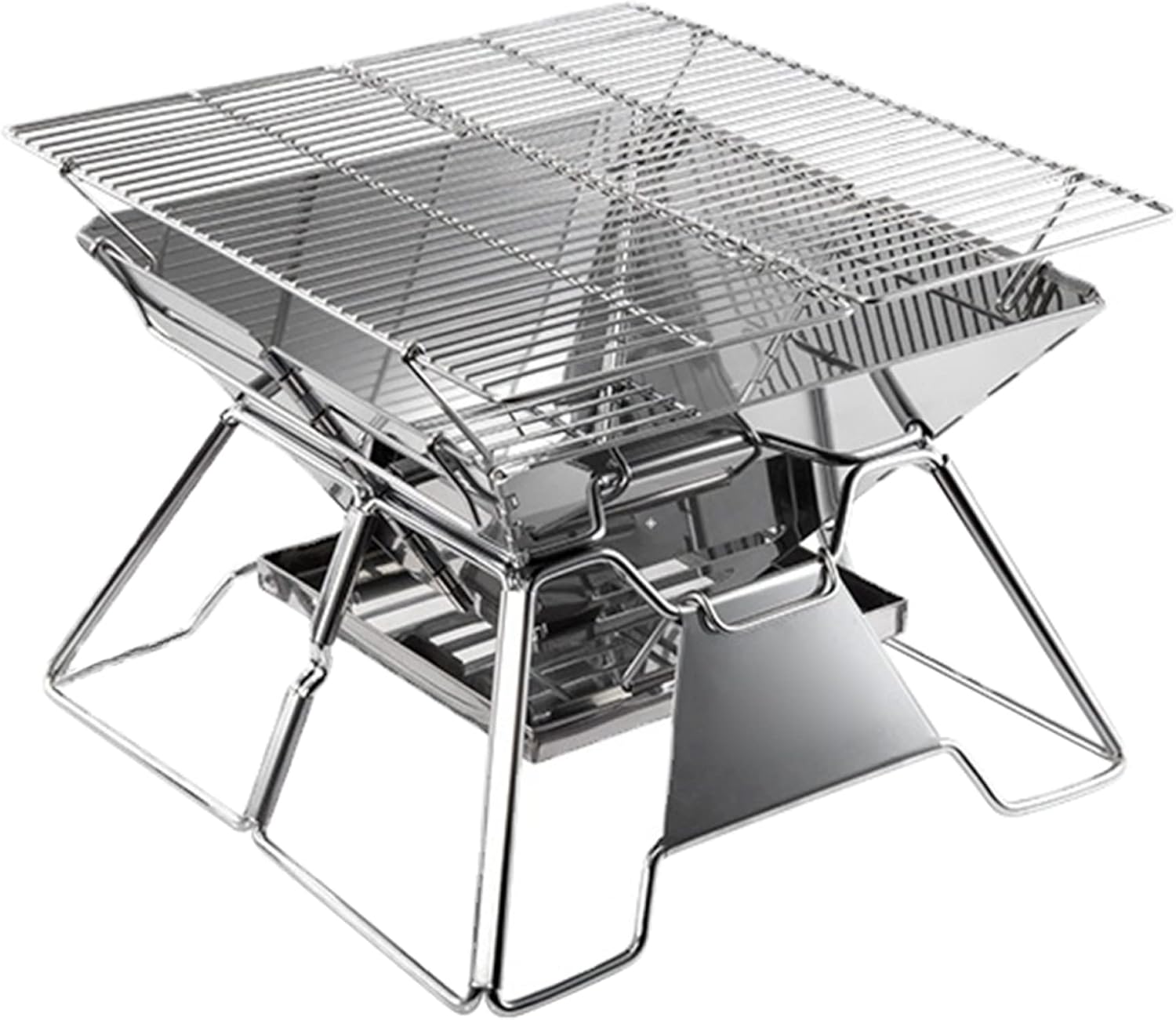 Portable Camping Fire Pit Campfire Grill, Stainless Steel Folding Charcoal Barbecue Grill, Outdoor Wood Stove Burner with Carrying Bag (Square)