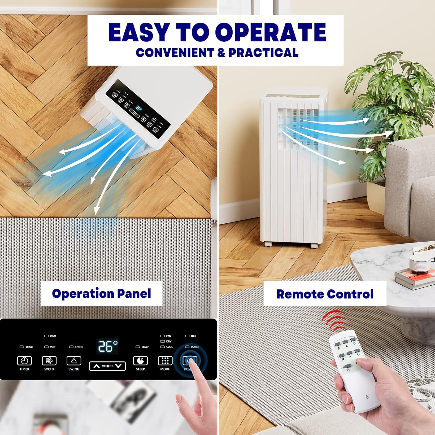 8,0000BTU Portable Air Conditioners, 3 in 1 Portable AC Unit with Remote Control, Portable Cooling Up to 350 sq.ft, with Dehumidifier, Fan, Cool, 24-Hour Timer, Portable AC for Indoor, Bedroom