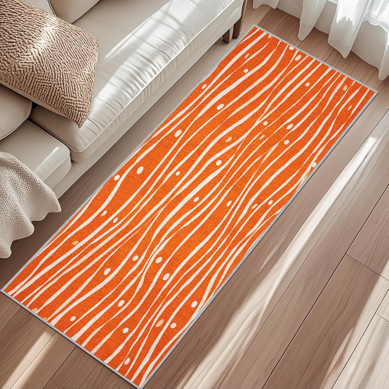 Abstract Line Area Rug 6x9, Polka Dot Rug, Orange Rugs for Living Room, Carpet for Bedroom Dining, Soft Low Pile Washable Non Slip Decor Rugs