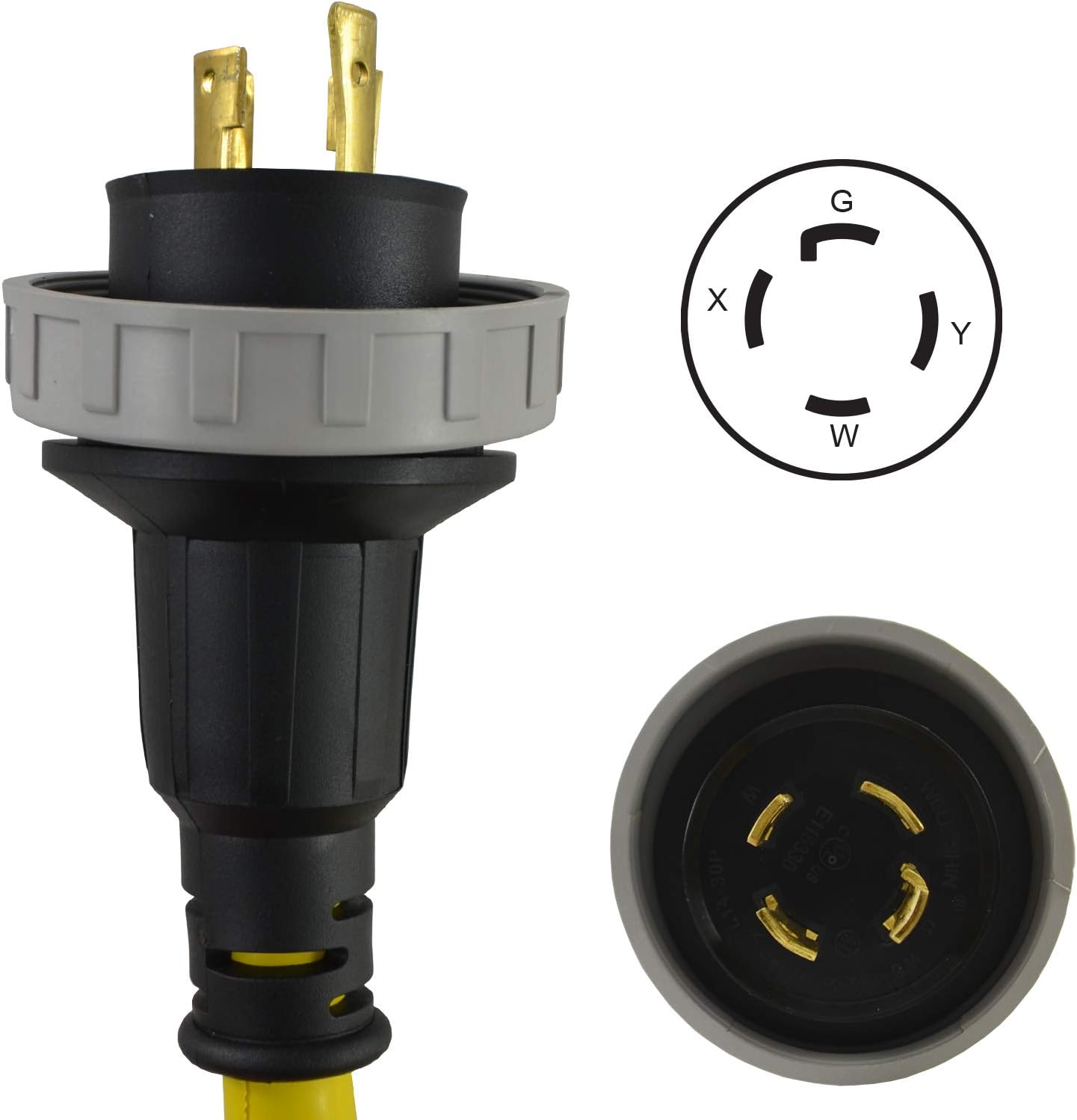 Conntek 25FT Duo-Rain Seal 30A 4-Prong L14-30 Transfer Switch Cord, Yellow, Male-to-Female, Compatible with Transfer Switches, Generators with NEMA L14-30 Outlets