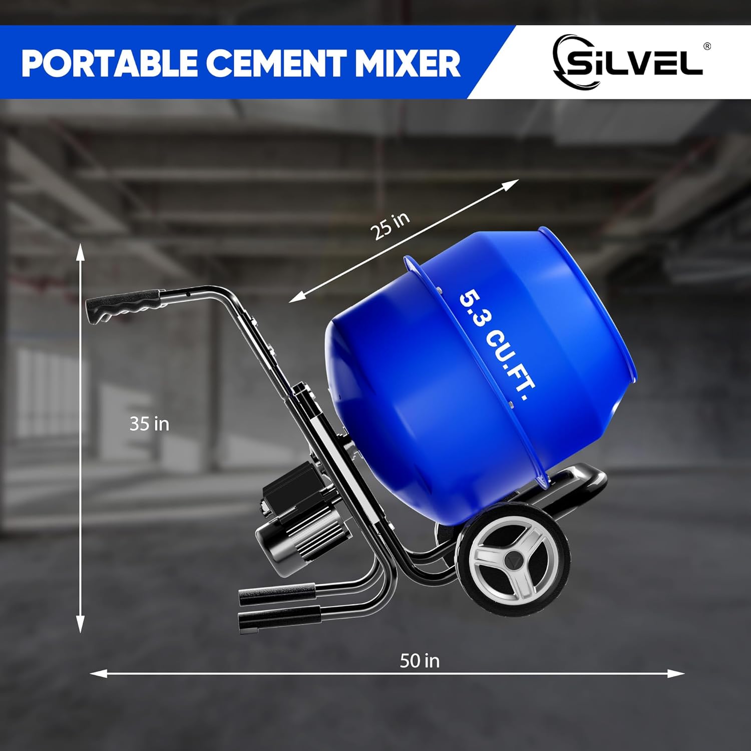 SILVEL Concrete Mixer 5.3 Cu.Ft. – 750W 1HP Cart-mounted Electric Cement Mixer, Heavy Duty Power Cement Mixing Machine for Mortar, Stucco and Fodder, Blue