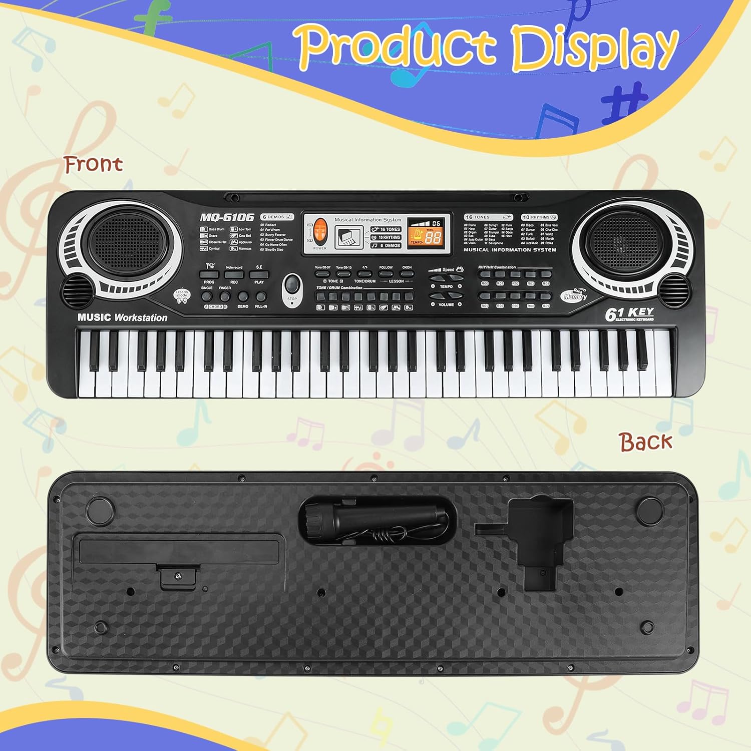 61 Key Piano Keyboard, Beginner Electronic Keyboard for Kids with Teaching Mode, 6 Demo Songs, 16 Tones, Microphone and Power Supply, Kids Piano Keyboard for Birthday Gift/Christmas Gift
