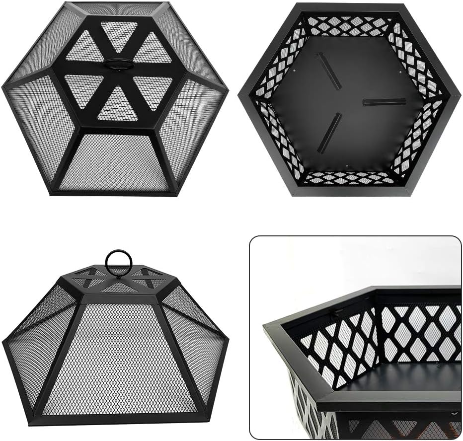 Steel Hexagonal Fire Pit, Outdoor Black Steel Garden Patio Heater Outdoor Garden fire Pit with mesh Cover Steel Firebowl Heater Burner