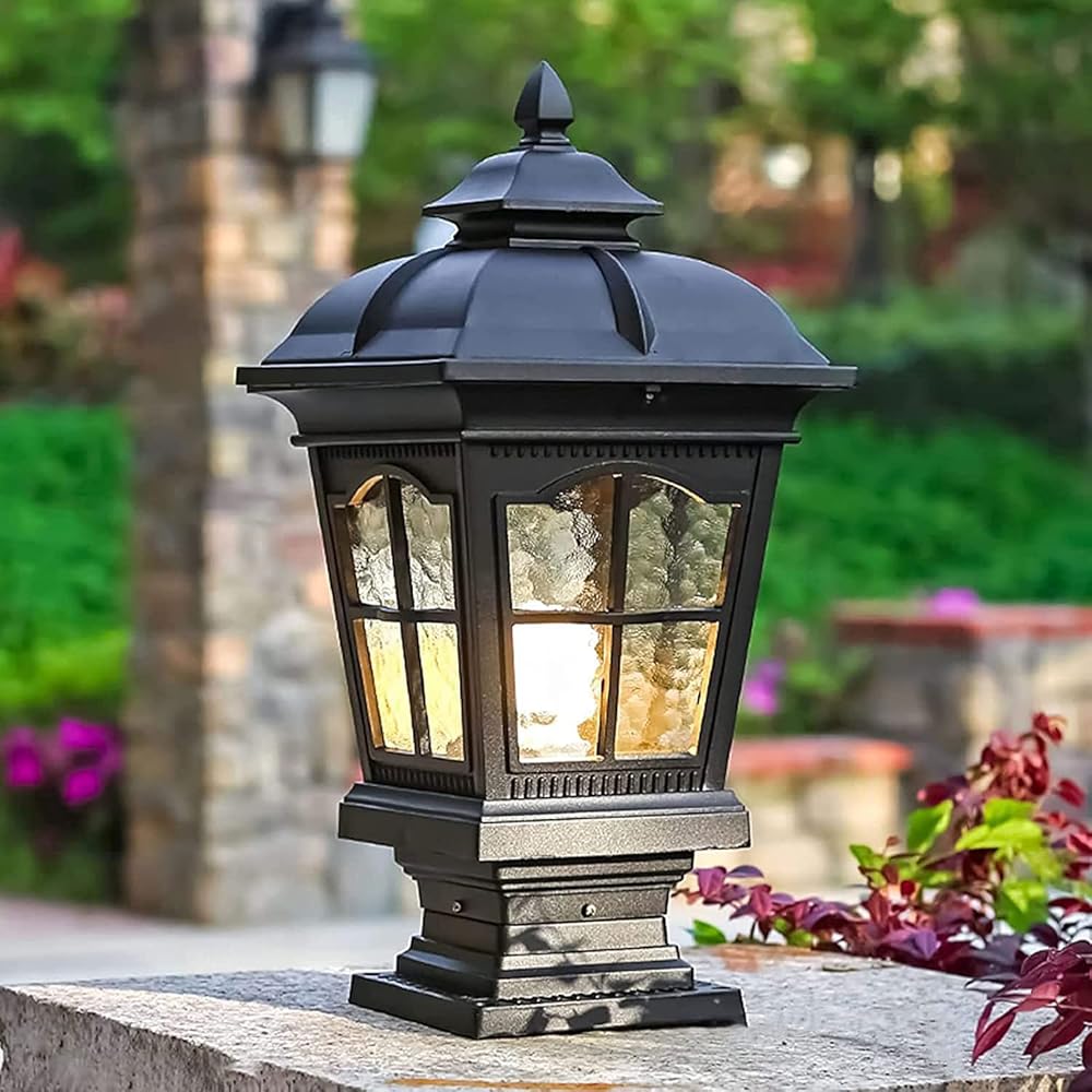 Outdoor Column Lights, Waterproof Post Lights Fixture Aluminium Glass Modern Pillar ations for Patio Villa Garden Fence E26, Black