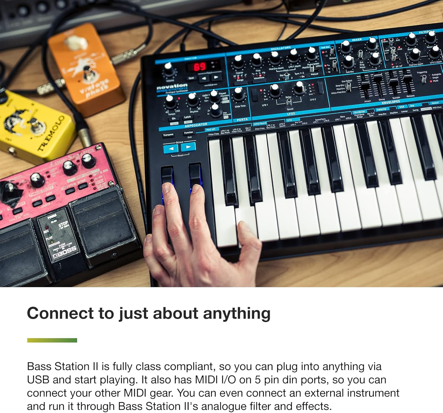Novation Bass Station II Analog Monosynth – includes 64 factory patches, pattern-based step sequencer and arpeggiator, two oscillators plus an additional sub oscillator