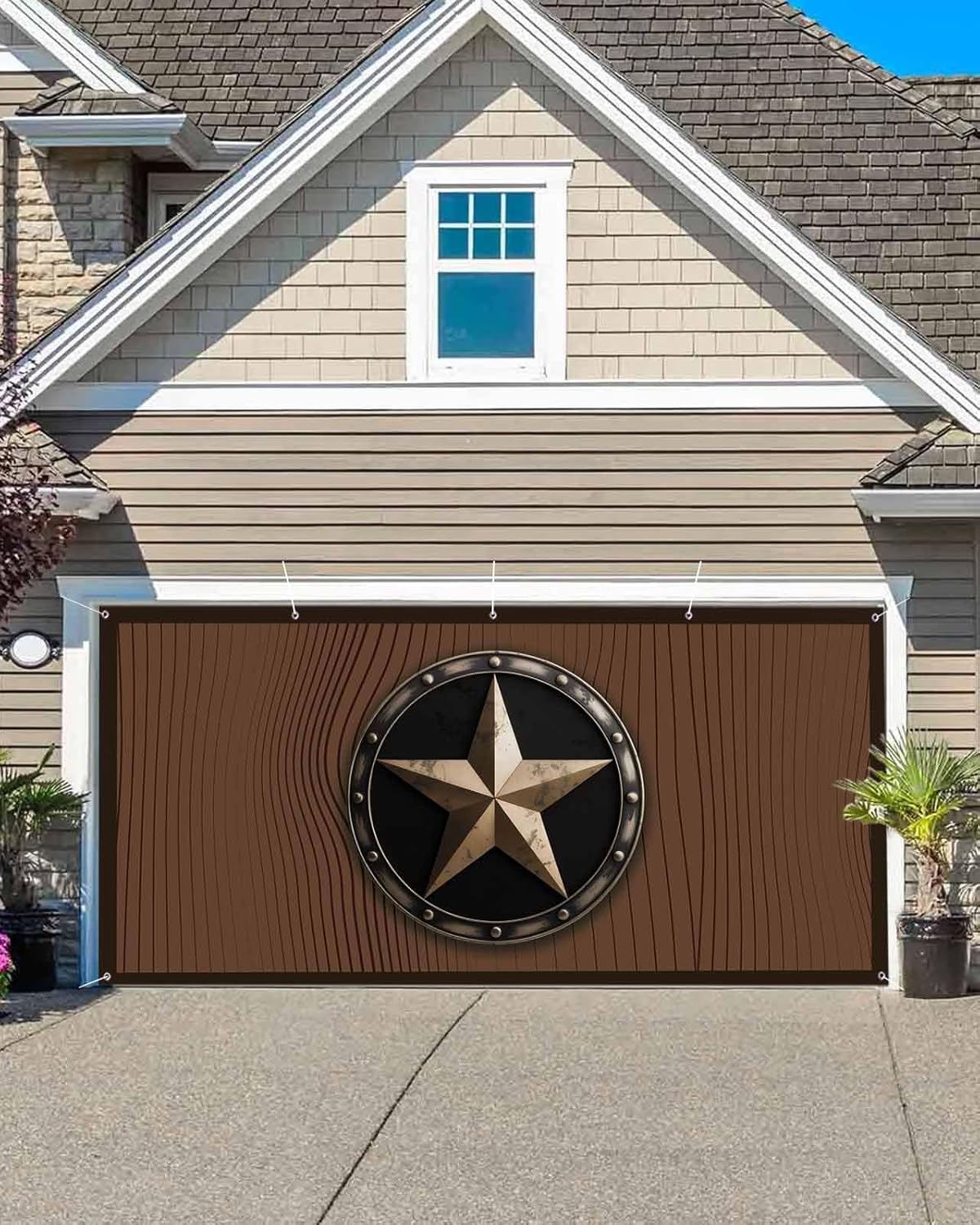 Retro Star Garage Door Banner 6.9x16ft Brown Wood Grain Country Style Farmhouses Reusable Garage Door Cover Decor for Wall Background Party Holiday Indoor Outdoor