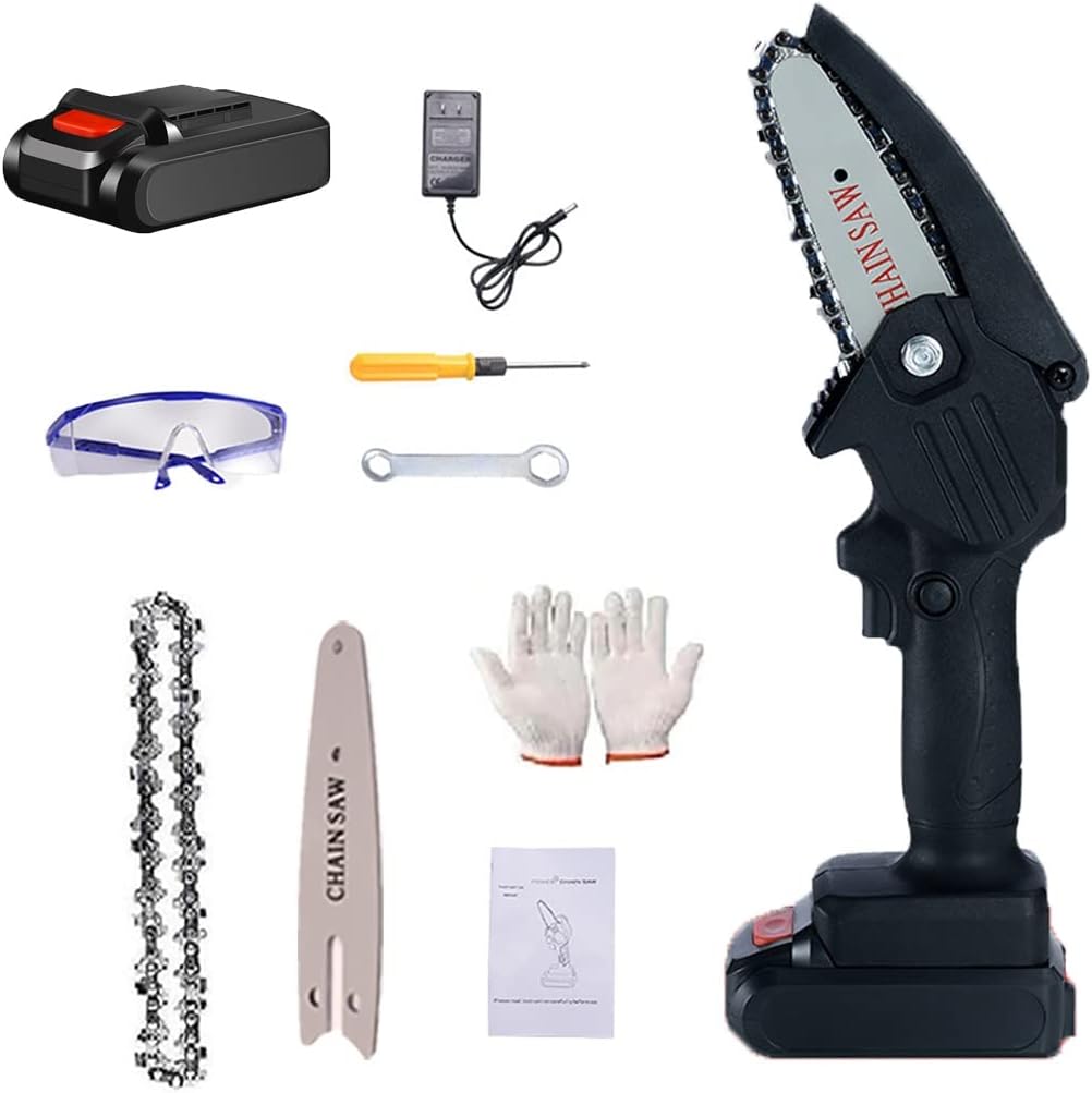 Mini Chainsaw,4 Inch Mini Chainsaw Cordless,One-Hand Chainsaw, Electric Chainsaw,Handheld Mini Chainsaw,Cordless Power Chain Saws with Security Lock (Color : Black, Battery *1 : 1*Chain)