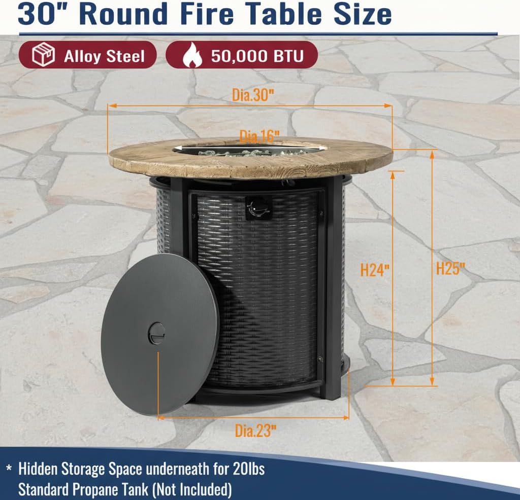 30-Inch Round Propane Fire Pit Table, 50,000 BTU Outdoor Gas Fire Table with Wood Grain Top, Black Steel Base, Hidden Tank Storage, Glass Beads for Patio Deck Backyard