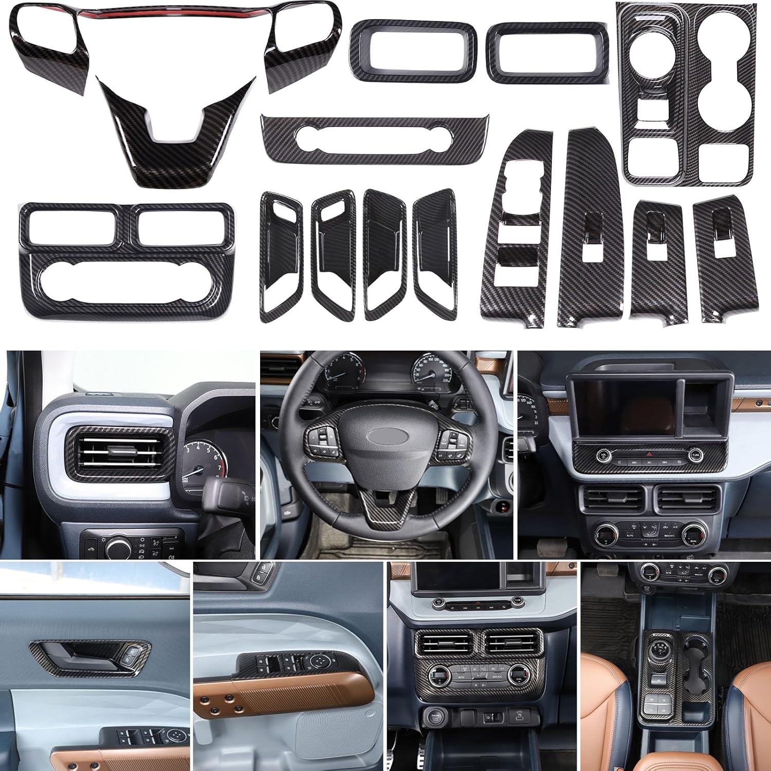 Car 15Pcs Inner Decoration Trim Set Compatible with Ford Maverick 2022-2024 Center Console A/C Volume Switch/ Outlet Vent/Gear Shift/Door Handle/Window Lift/Steering Panel Protector Cover Accessories