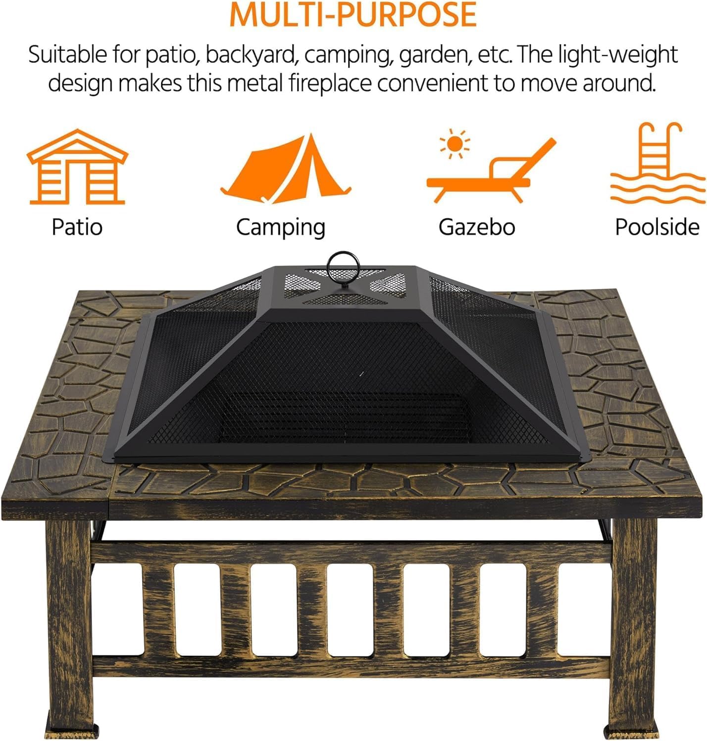 34in Fire Pit Table Outdoor Fire Pits Square Steel Stove with Mesh Screen, Waterproof Cover Poker for Outside Patio Bonfire Camping (Bronze)