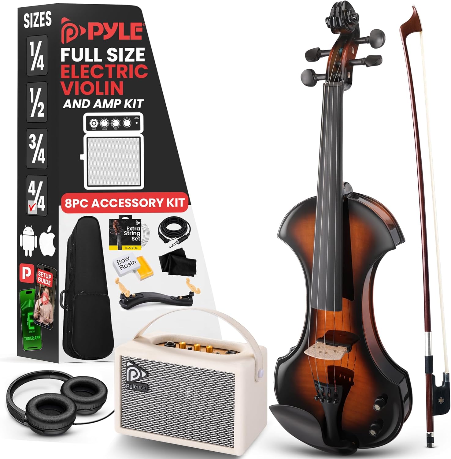 Pyle 4/4 Silent Electric Violin with Amplifier Kit, Solid Wood Fiddle with 10W Amp and Complete Accessories, Full Size Orchestral String Instrument For Beginner & Professional Use