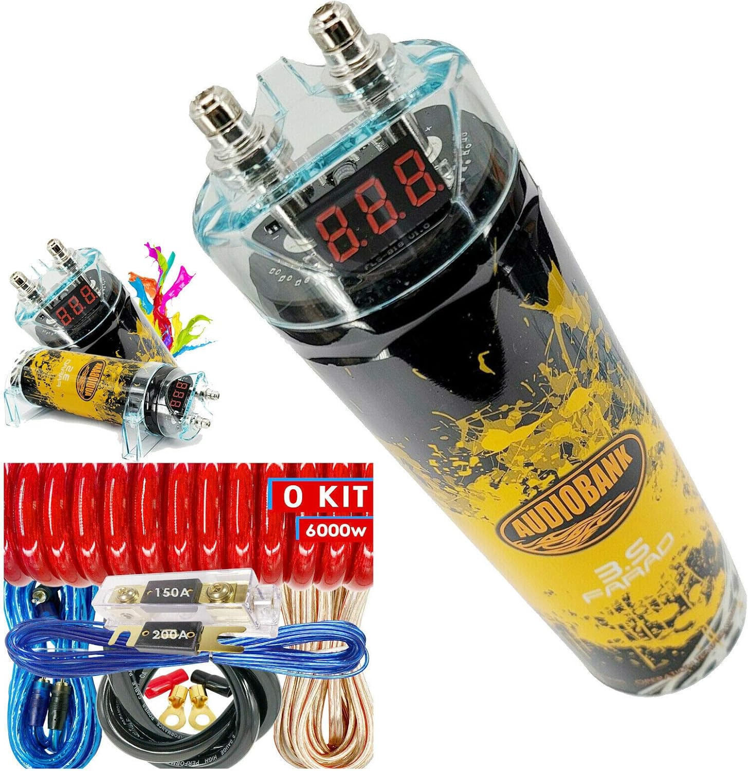 Audiobank 3.5 Farad Capacitor Car Audio 3500 Watts Power 12Volts Car Digital Power 3 Digit Voltage Display and Genuine New 6000W 0 Gauge Car Amplifier Installation Kit
