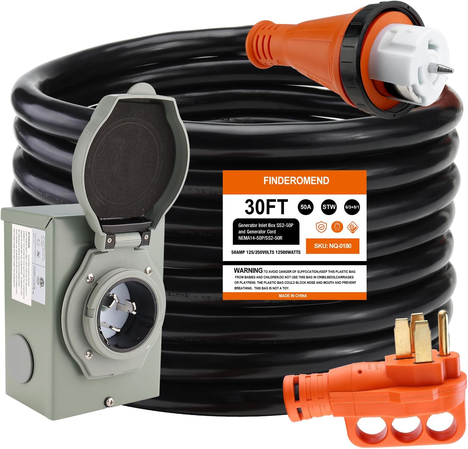 Finderomend 30 ft 50 Amp Generator Cord and Power Inlet Box Combo Kit, Pre-Drilled Generator Power Cord NEMA 14-50P to SS2-50R Extension Cord, for RV Truck Trailer Motorhome, 125/250 Volts