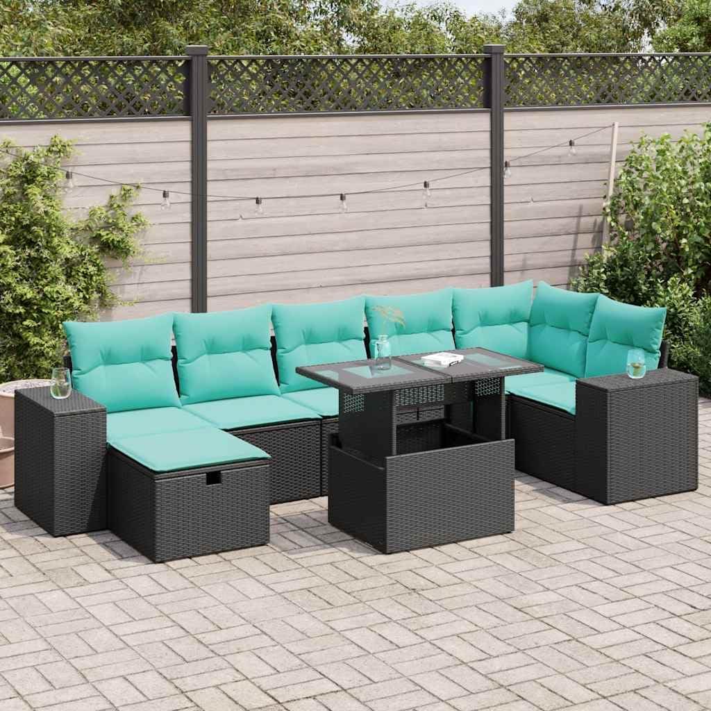 8 Piece Patio Sofa Set, Gray Poly Rattan Acacia Wood, Outdoor Sectional Furniture with Cushions, UV-Proof, Modular Design for Backyard, Terrace, Garden