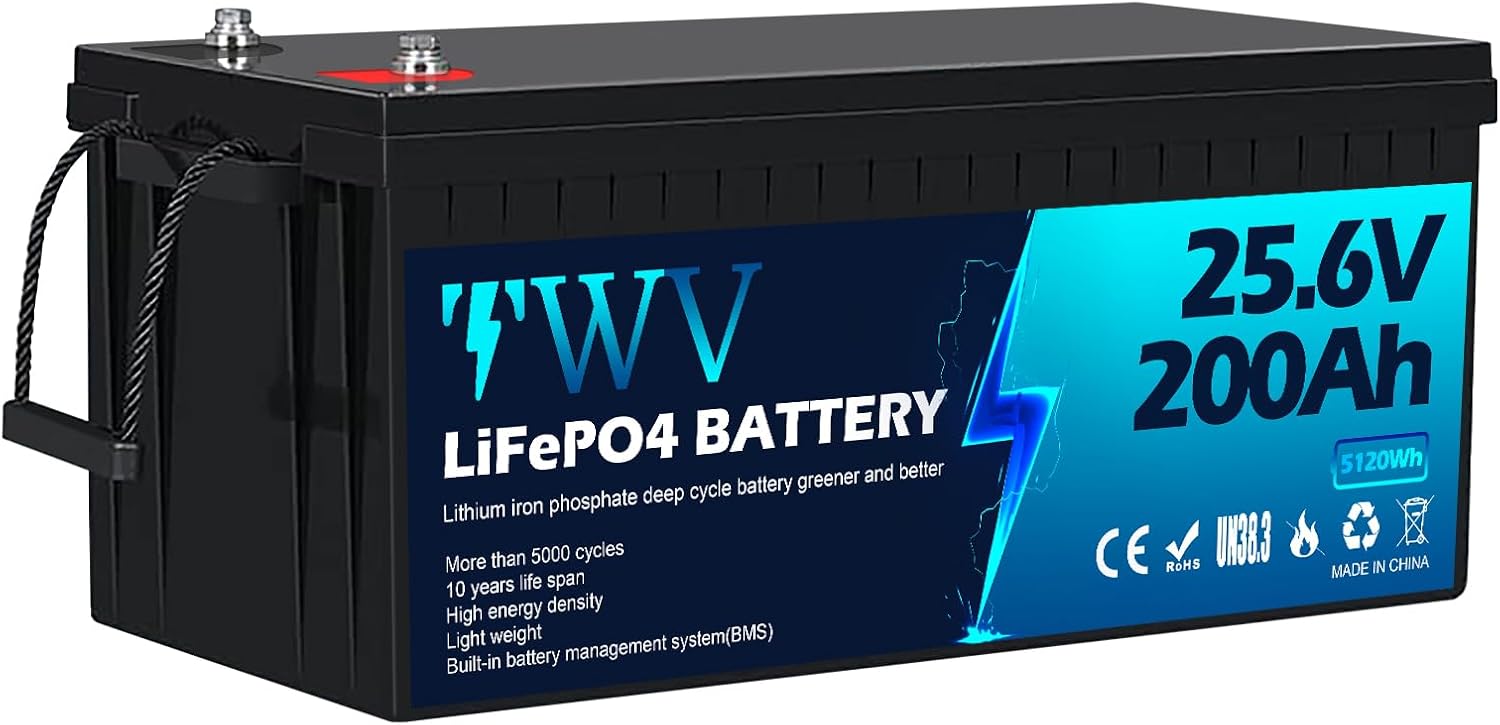 24V 200Ah LiFePO4 Battery, 5000+ Deep Cycle Lithium Battery, Built-in 200A BMS, Max. 5120Wh Energy, Perfect for Marine, Kayak, Trolling Motor, Boat, RV, Off-Grid, Solar Home System