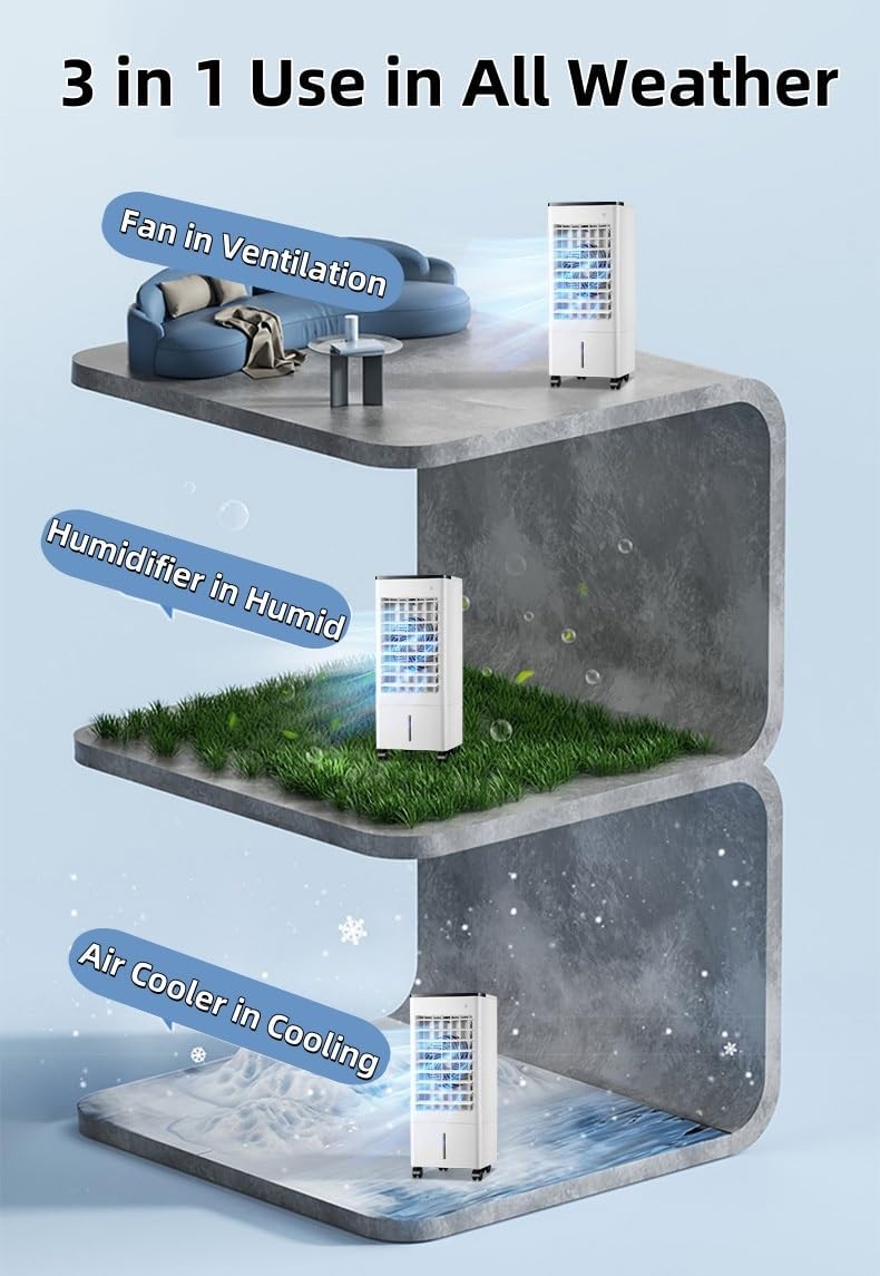 Portable Evaporative Air Cooler with Remote Control, Ductless Air Conditioner with Double Water Tank, 3 Speeds, 15H Timer, Windowless Oscillating Swamp Fan for Home Bedroom