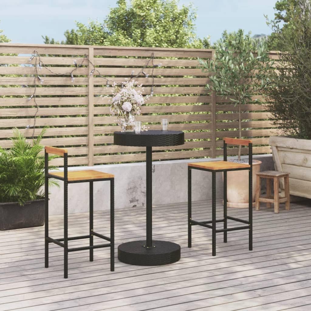 Furniture Sets 3 Piece Patio Bar Set Black Poly Rattan&Solid Wood Acacia, 、、 Garden Conversation Sets