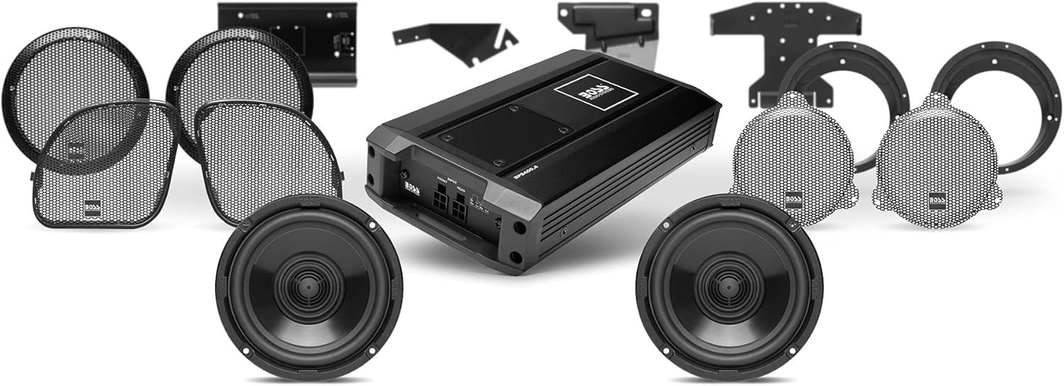 BOSS Audio Systems BHD3F Harley Davidson Bike Front Speakers Kit System – Fits Select 1998+ Electra, Road Glide and Street Glide Motorcycles, 4 Channel Amplifier, 6.5 Inch Full Range 300-Watt Speakers