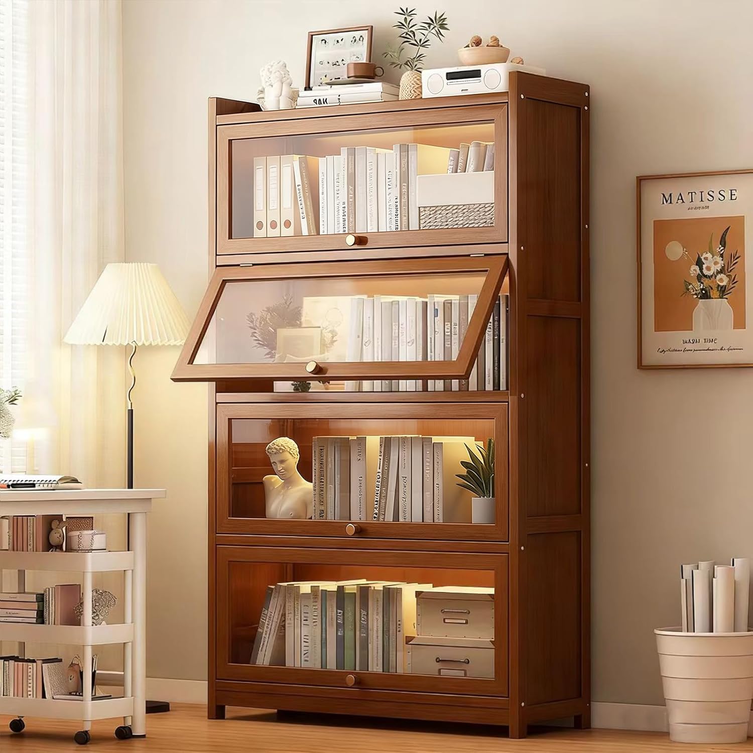 Bamboo Bookshelf with Acrylic Doors, 4-Tier Tall Bookcase with Flip-Up Doors, Freestanding Display Cabinet for Living Room/Study, Brown