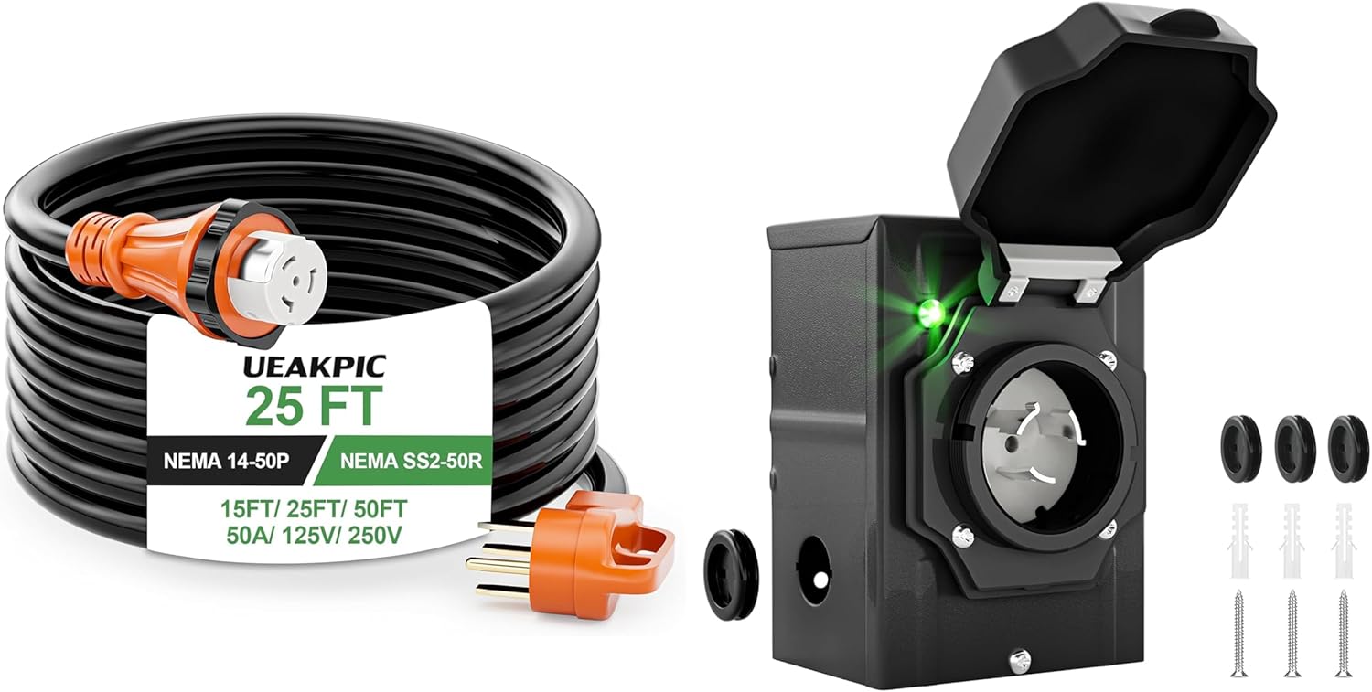 50 Amp Generator Extension Cord 25 Ft- Rated for 250V /12500W+50 Amp Generator Inlet Box with Green Safety Light