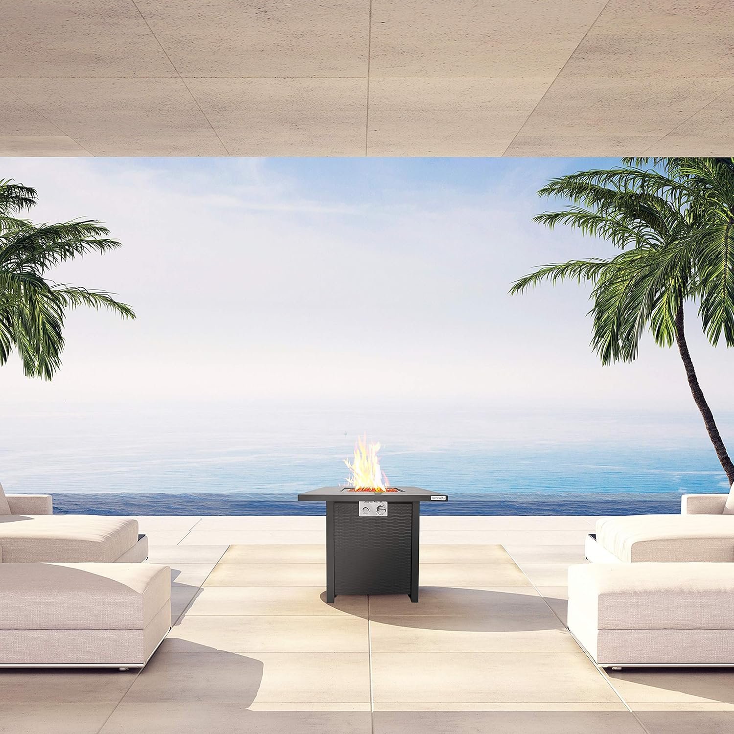 SereneLife Outdoor Propane Fire Pit Table - 40,000 BTU Square Gas Fire Table with Steel Top, Rattan-Style Panels, 6.6 lbs Lava Rock Set, Pulse Ignition for Patio & Backyard Heating, 28 x 28 x 24 in