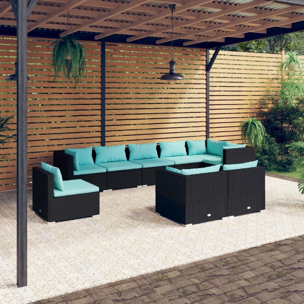 Furniture Sets 9 Piece Patio Lounge Set with Cushions Poly Rattan Black,Poly Rattan Patio Lounge Set: Modular Rattan Sofa for Outdoor Relaxation Garden Conversation Sets
