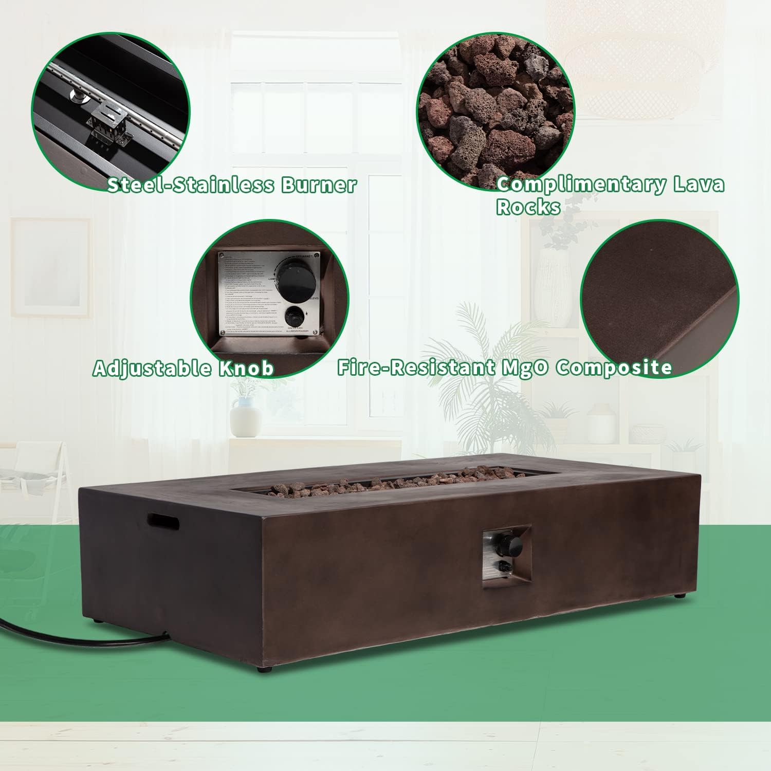 Patio Propane Gas Fire Table w 20lb Tank, 50,000 BTU Outdoor Rectangle Fire Pit, Concrete-Like Finish with Lava Rocks, Rain Cover, 56x29inches, Bronze