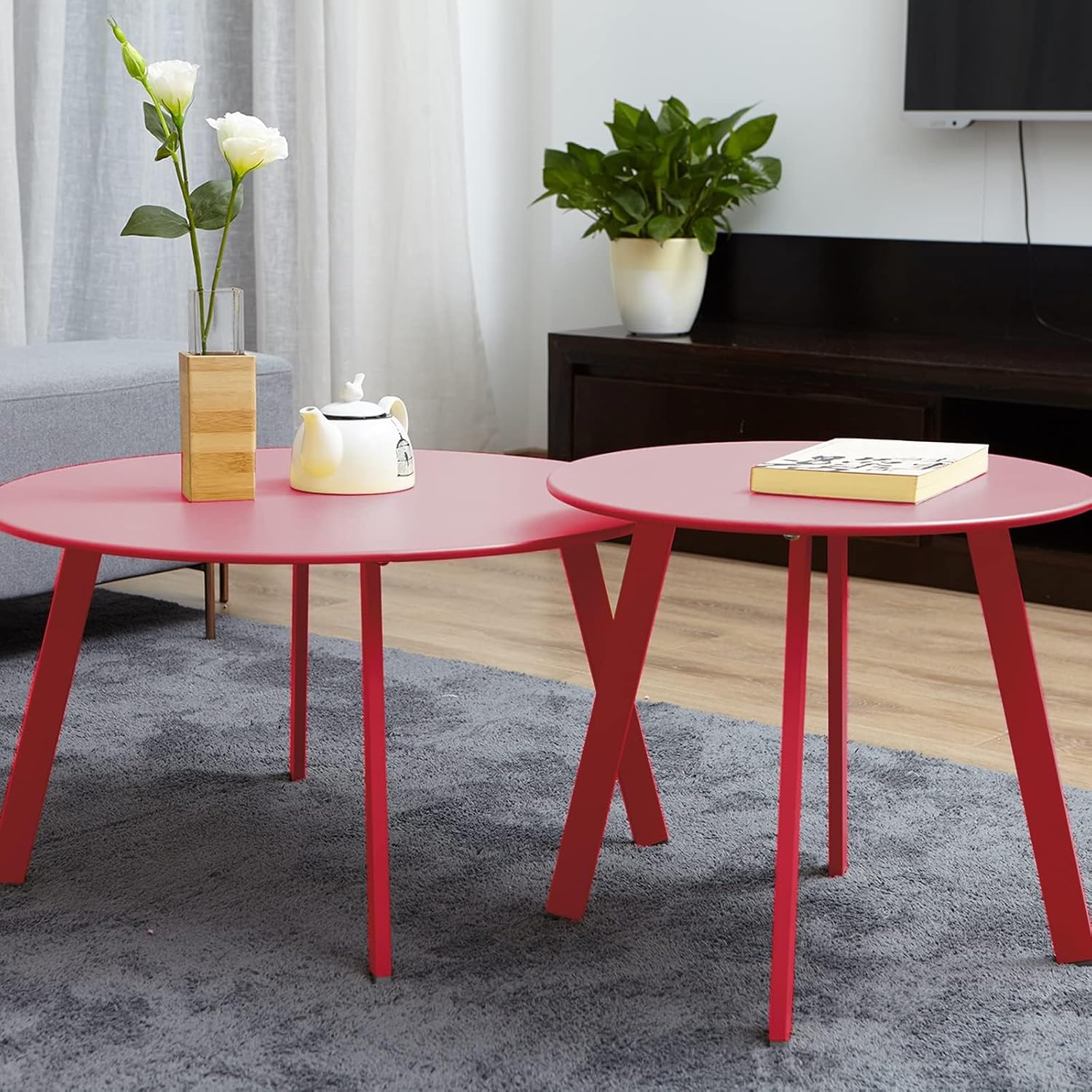 Grand patio Round Steel Patio Coffee Table Weather Resistant Nesting Tables Including One Large Side Table and One Small End Table, (Red, 2PC)