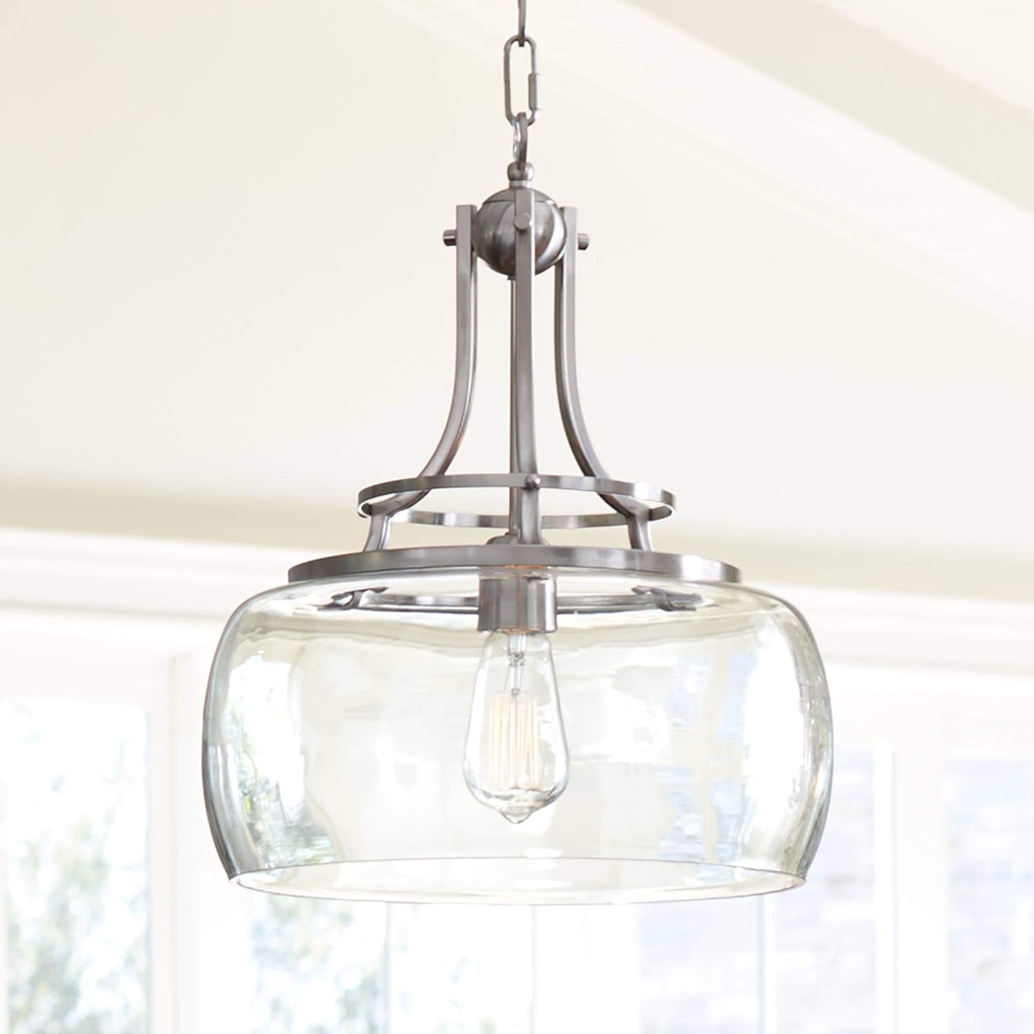 Franklin Iron Works Pendant Light Fixture - Charleston Brushed Nickel, Clear Glass, Farmhouse Pendant Light for Kitchen Islands, Living Rooms, Dining Rooms, and Bedrooms - 13 1/2