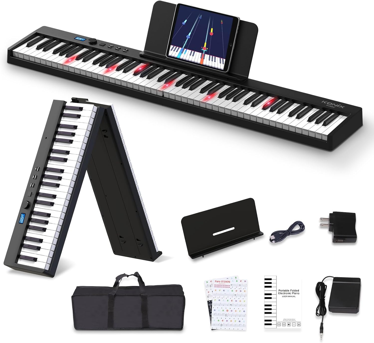 KONIX Folding Piano Keyboard, 88 Key Full Size Semi Weighted Foldable Keyboard, Portable Electric Piano with Light Up Key, Sustain Pedal, Piano Sticker, Sheet Music Stand and Piano Bag, Black